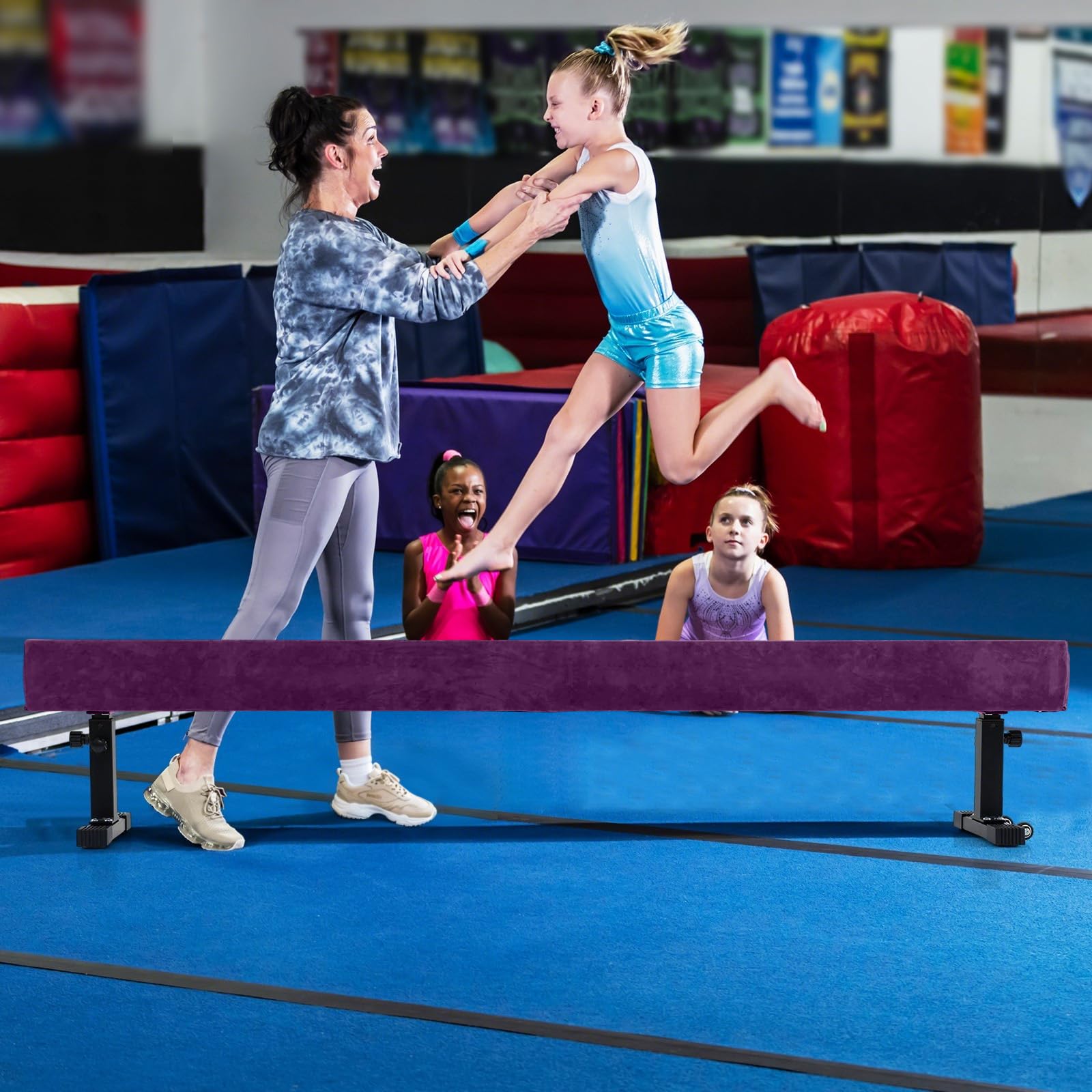 COSTWAY 226 cm Schwebebalken mit 3 Höhen verstellbar, Gymnastikbalken, Heimtrainingsgerät mit robusten Metallbeinen & Rädern, Balancierbalken für Anfänger und Profis (Lila)
