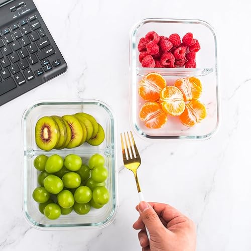 Miniatura 5 de Juego de 5 recipientes de vidrio con 2 compartimentos, 34 onzas, recipientes divididos de almacenamiento de alimentos con tapas, lonchera de vidrio