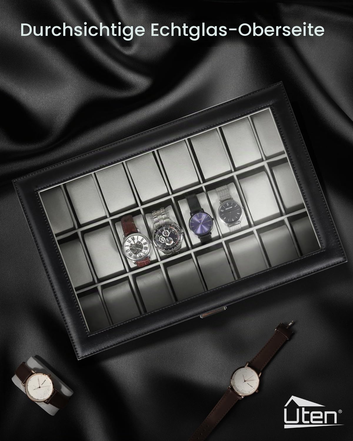 Mbuynow Uhrenbox 24 Uhren Uhrenkoffer Herren Uhrenbox Damen Uhrenkasten Herren Uhrenvitrine abschließbar für 24 Uhren aus kunstleather