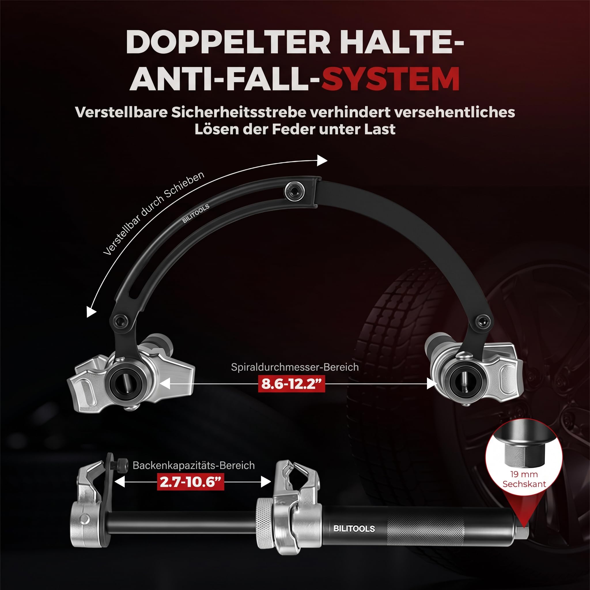 BILITOOLS 2-TLG. Profi Federspanner KFZ Set Macpherson 1200kg | Schwerlast KFZ Werkzeug, für Federbein, universal Schraubenfeder Spanner, inklusive Sicherheitsbügel