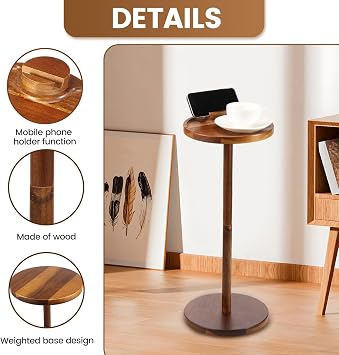Pedestal Small Side Table, Wooden Small Round Table with Phone Holder and Weighted Base, Martini and Cocktail Pedestal End Table for Living Room, RVs, Home Office 56cm Height 24cm Width(brown)