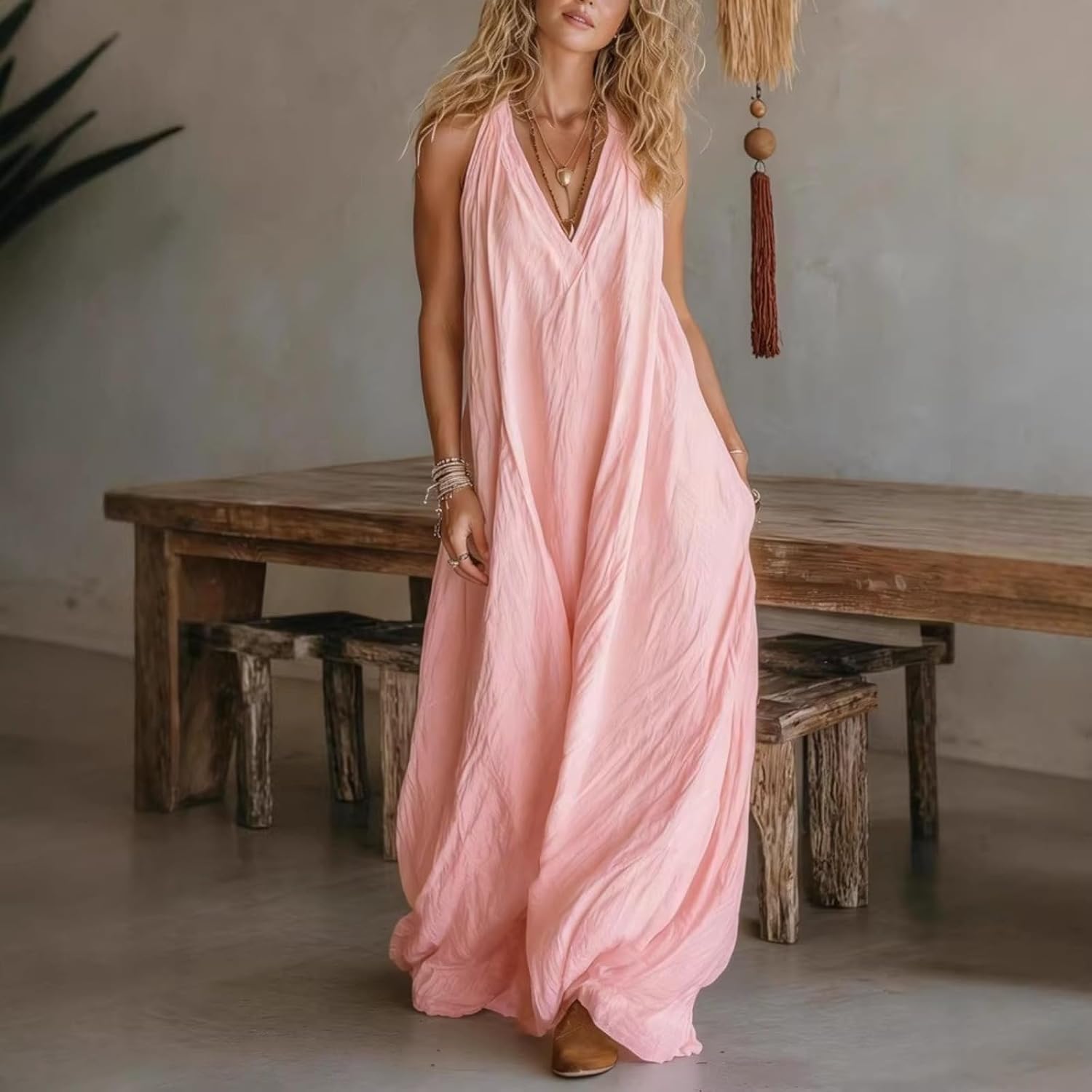 Aoleaky Women's Sleeveless Loose Fit Maxi Dress, Casual Long Tunic Dress with Pockets