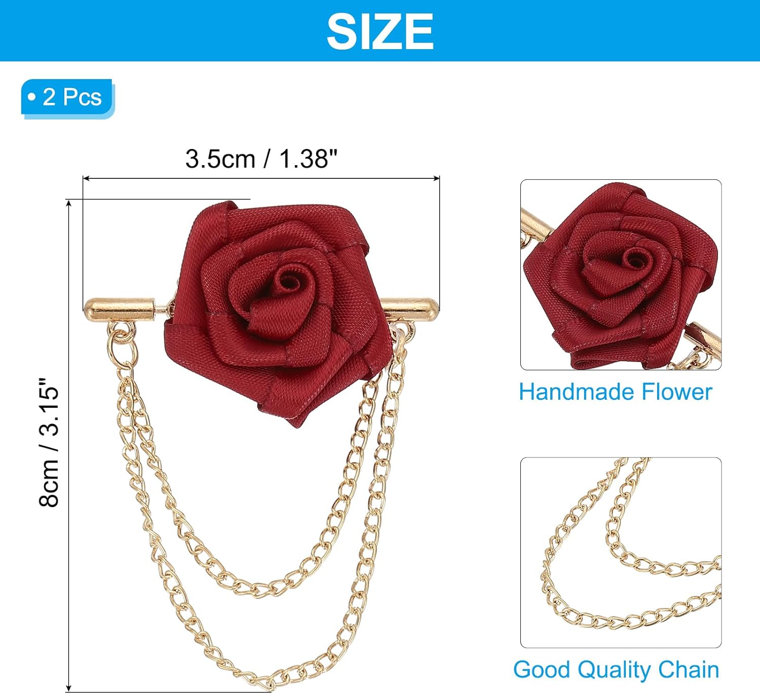 PATIKIL Rose Lapel Pin, Lapel Pin with Double Hanging Chain Brooch Suit Stud Shirt Studs Men's Accessories Wedding Graduation Anniversary Dinner