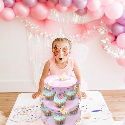 Miniatura 6 de Soporte de mariposa para cupcakes, suministros de fiesta de cumpleaños, soporte redondo de 3 niveles, soporte para cupcakes color rosa, mesa de