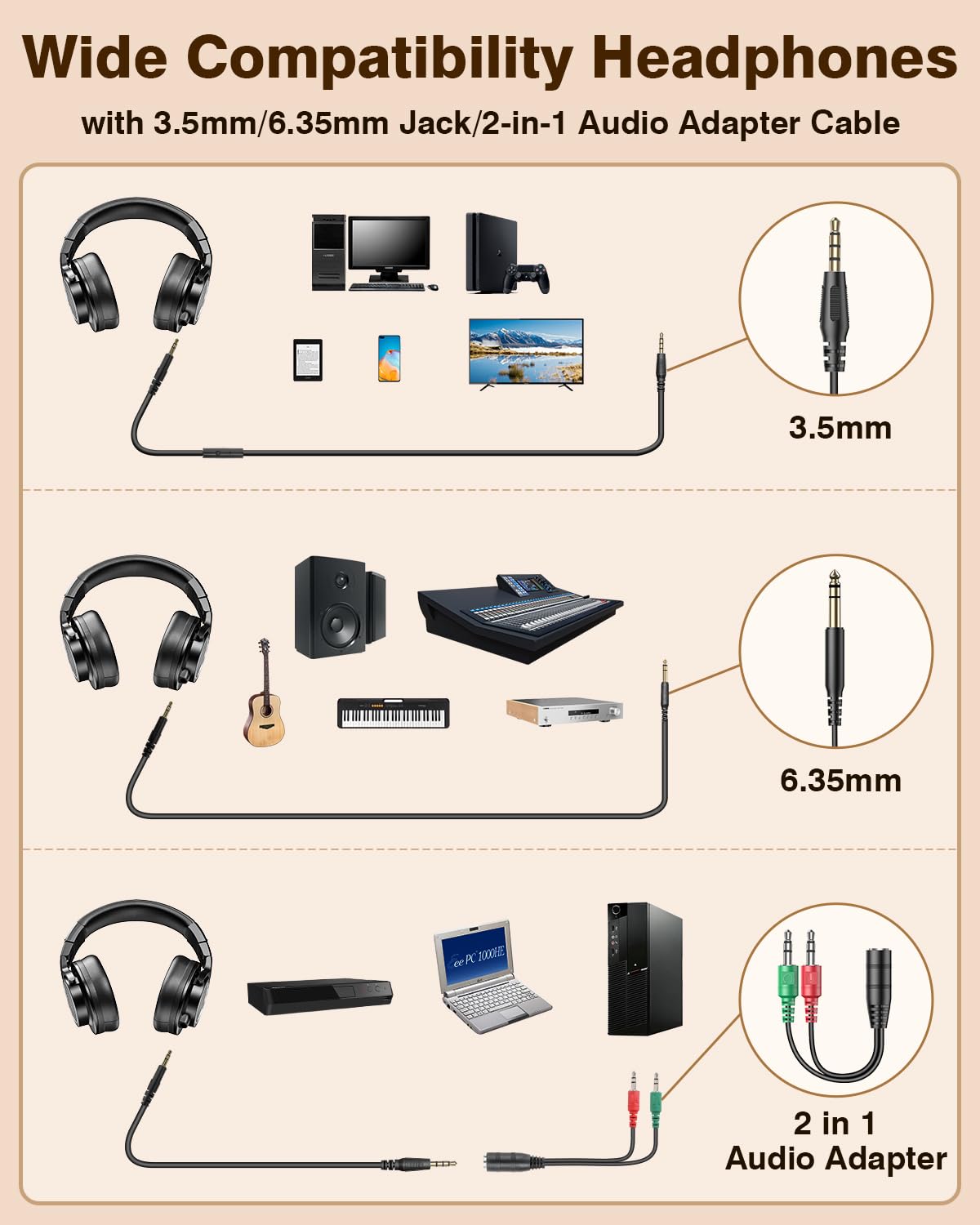 New Bee Wired Over Ear Headphones, Studio Headphones with 50mm Drivers and 6.35mm & 3.5mm Jack - Image 3