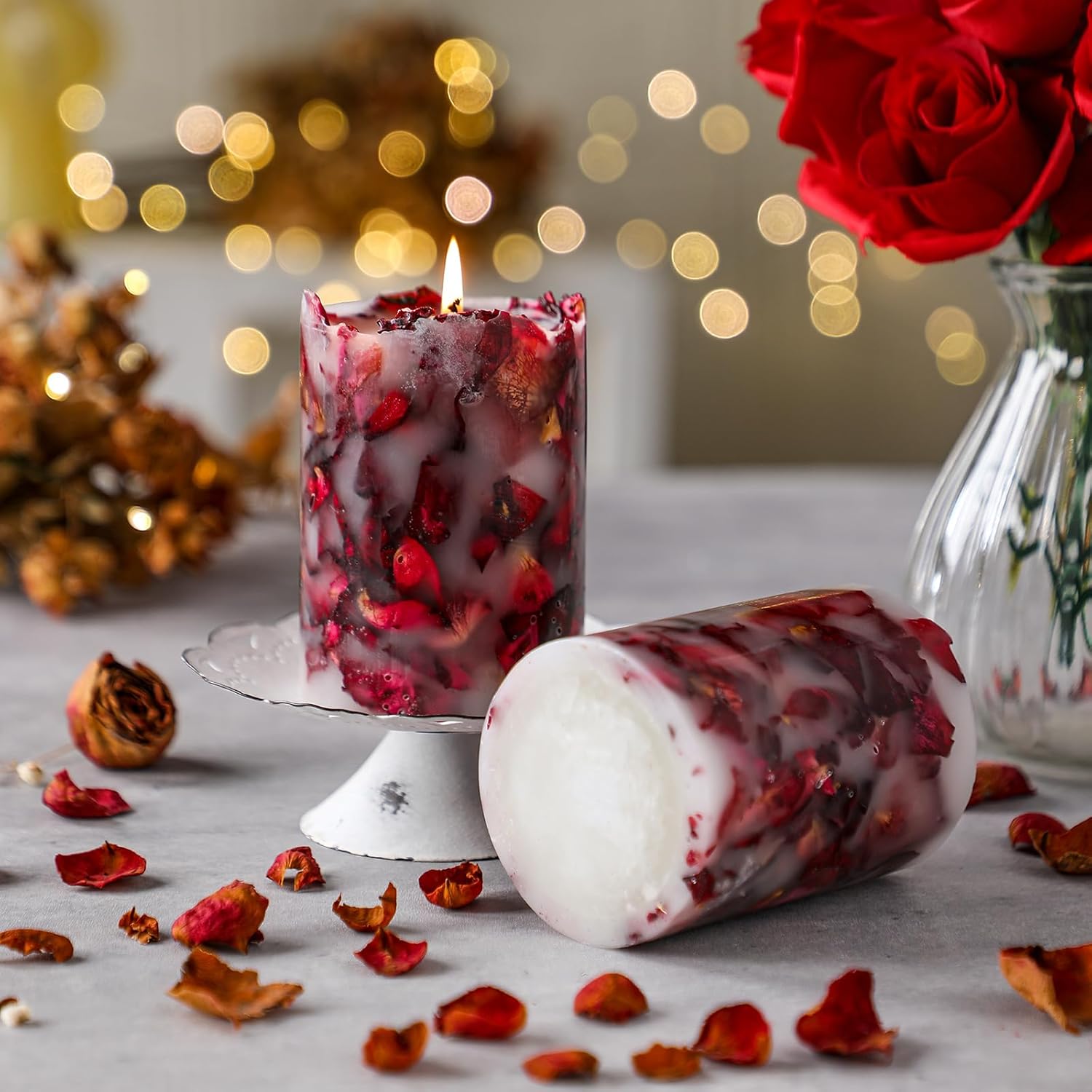 Nuanchu 2 Pcs Valentines Pillar Candles for Women Valentines Day Rose Candles Gifts with Real Dried Rose Petal Soy Wax Infused Scented for Galentines Birthday Wedding Gift Home Decor - Image 7