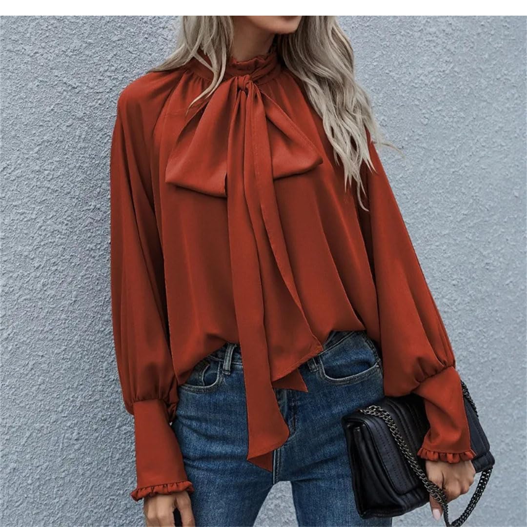 Damen-Bluse mit Schleife und Schleife, einfarbig, langärmelig, lässig, elegant, Chiffon-Bluse