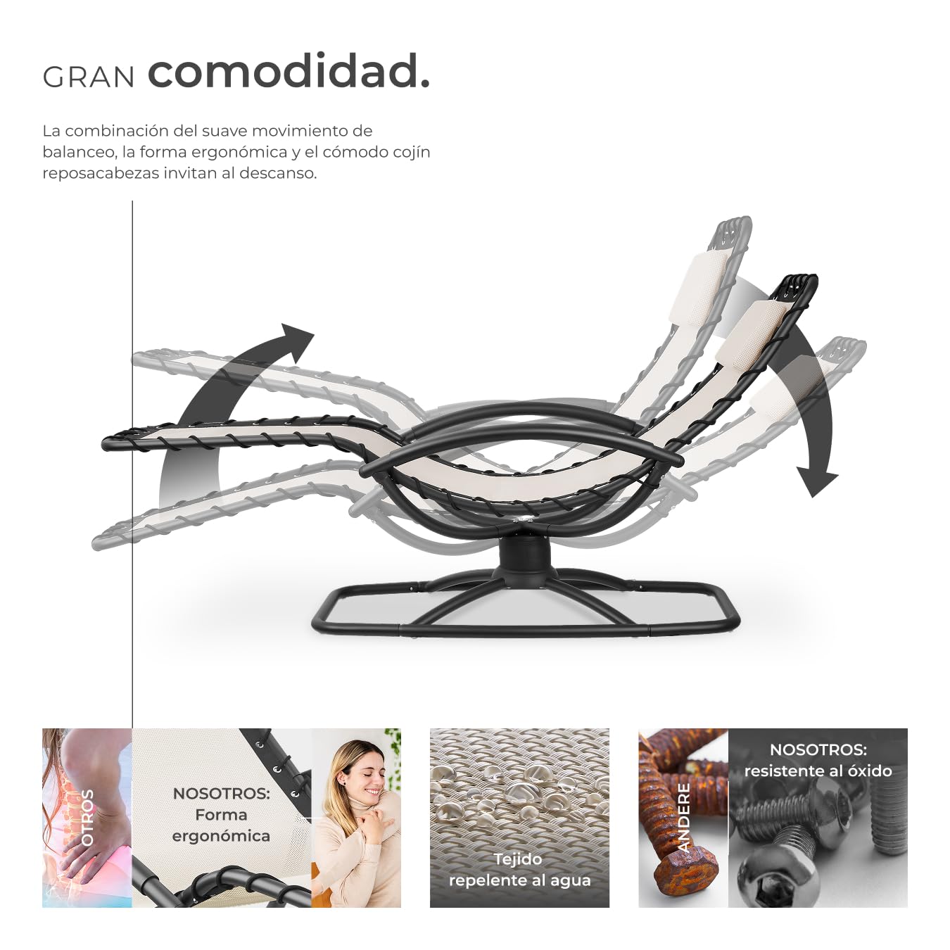 tectake® Tumbona Jardin Exterior, Mecedora Jardin Ergonómica con Balanceo, Capacidad de Carga: 120 kg, Impermeable, Textileno Transpirable, Sillas Tumbonas Terraza - Beige