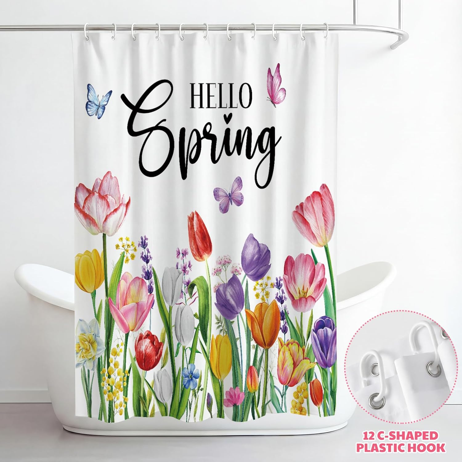 Moukeren 4 Pcs Spring Shower Curtain Decor Sets Hello Spring Tulip Rug Bath Mat Toilet Lid Cover Waterproof Shower Curtain Floral Decorations with 12 Hooks for Bathroom
