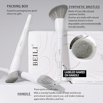 BEILI 12Pcs White Makeup Brush Set, Premium Synthetic Brushes for Foundation, Blending, Eyeshadow, Contour, Blush, and Eyeliner, Luxury Gift-Ready