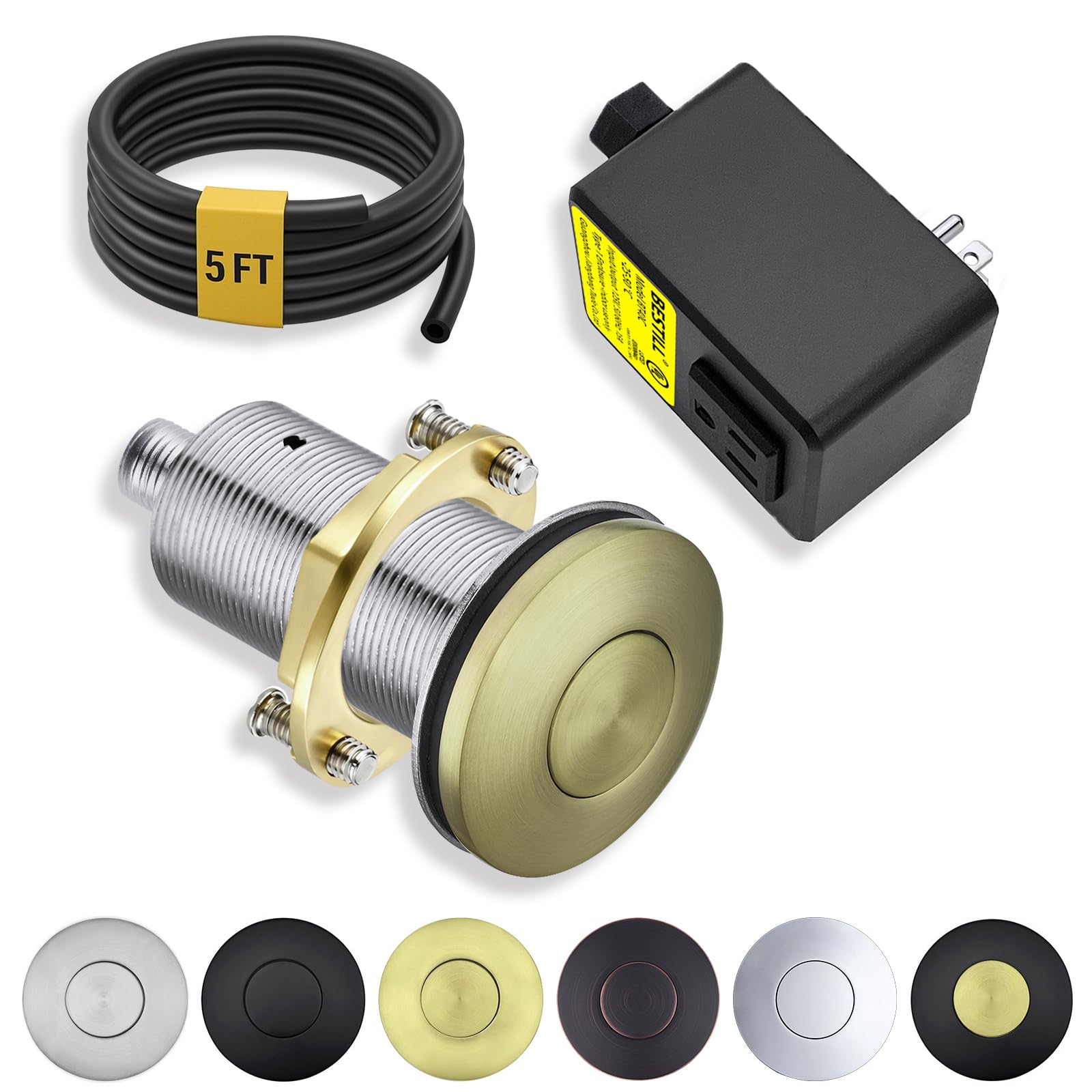 BESTILL All Metal Garbage Disposal Air Switch Kit, UL Listed Brushed Gold Long Push Button for Waste Disposer, Cordless Sink Top Switch On/Off Button, Compatible with all Garbage Disposals