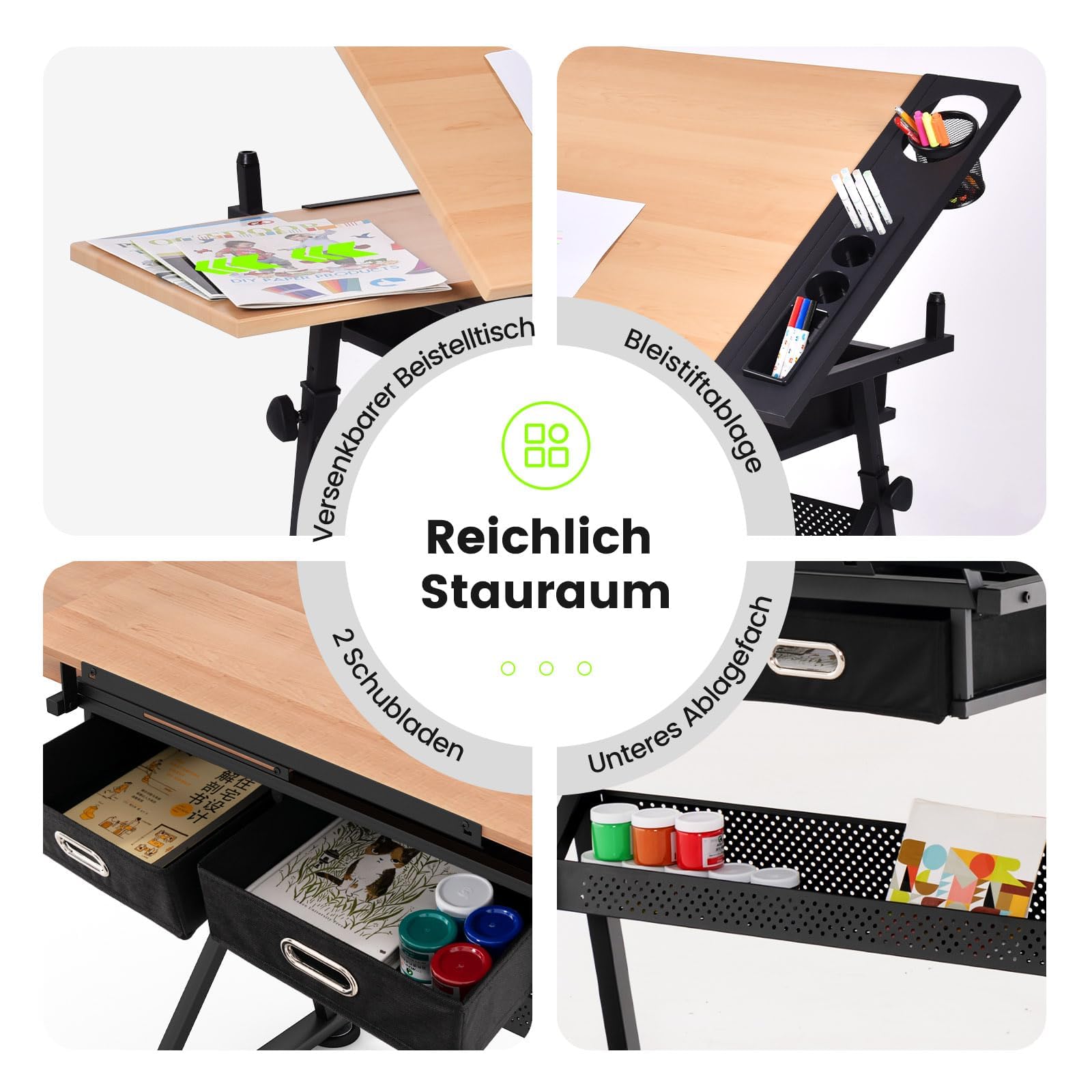 FANTASK Zeichentisch mit Hocker, Architektentisch höhenverstellbar, Schreibtisch mit neigbarer Tischplatte, Schülerschreibtisch mit 2 Schubladen, Arbeitstisch für Architekt & Künstler (Natur)