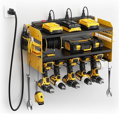 Kungfuking Organizador de herramientas eléctricas para montaje en pared con estación de carga, organizador de taladro de garaje integrado con 8