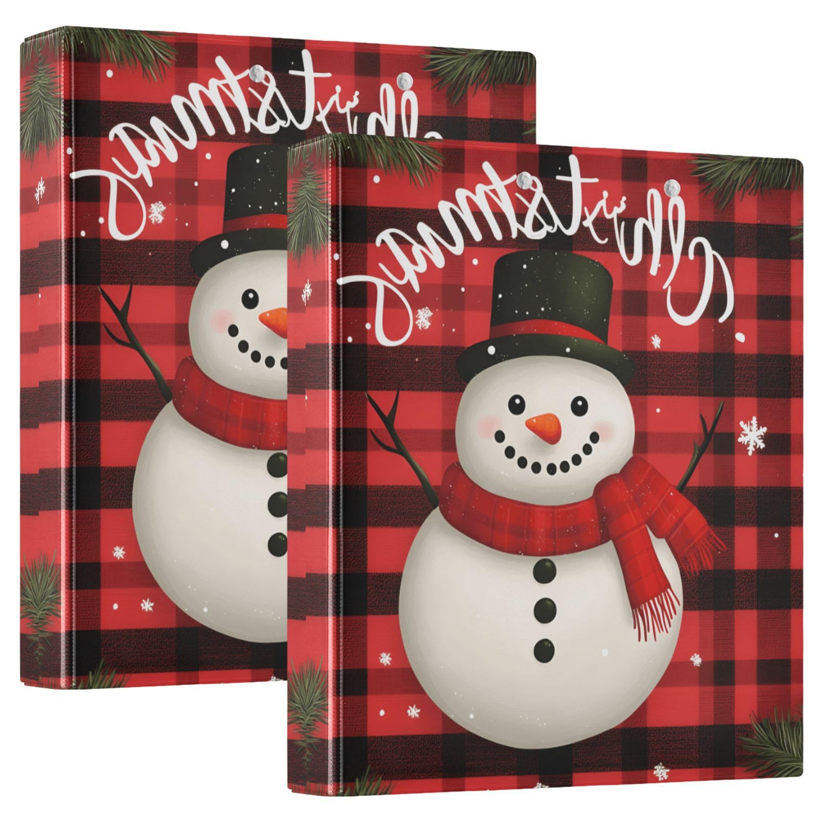 Confezione da 2 raccoglitori a 3 anelli, con motivo a quadri con pupazzo di neve, 3,8 cm, con 3 tasche trasparenti, portablocco e contiene 200 fogli, per ufficio, scuola, organizzazione