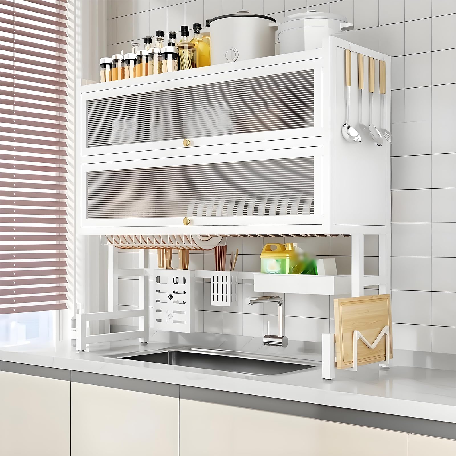 Escurridor de Platos de 4 Niveles con Tapa, Mantiene el Estante del Fregadero de la Cocina organizado, Ahorra Espacio, escurridor de Platos Grande para Platos, Vasos, tazones y Cubiertos (bl
