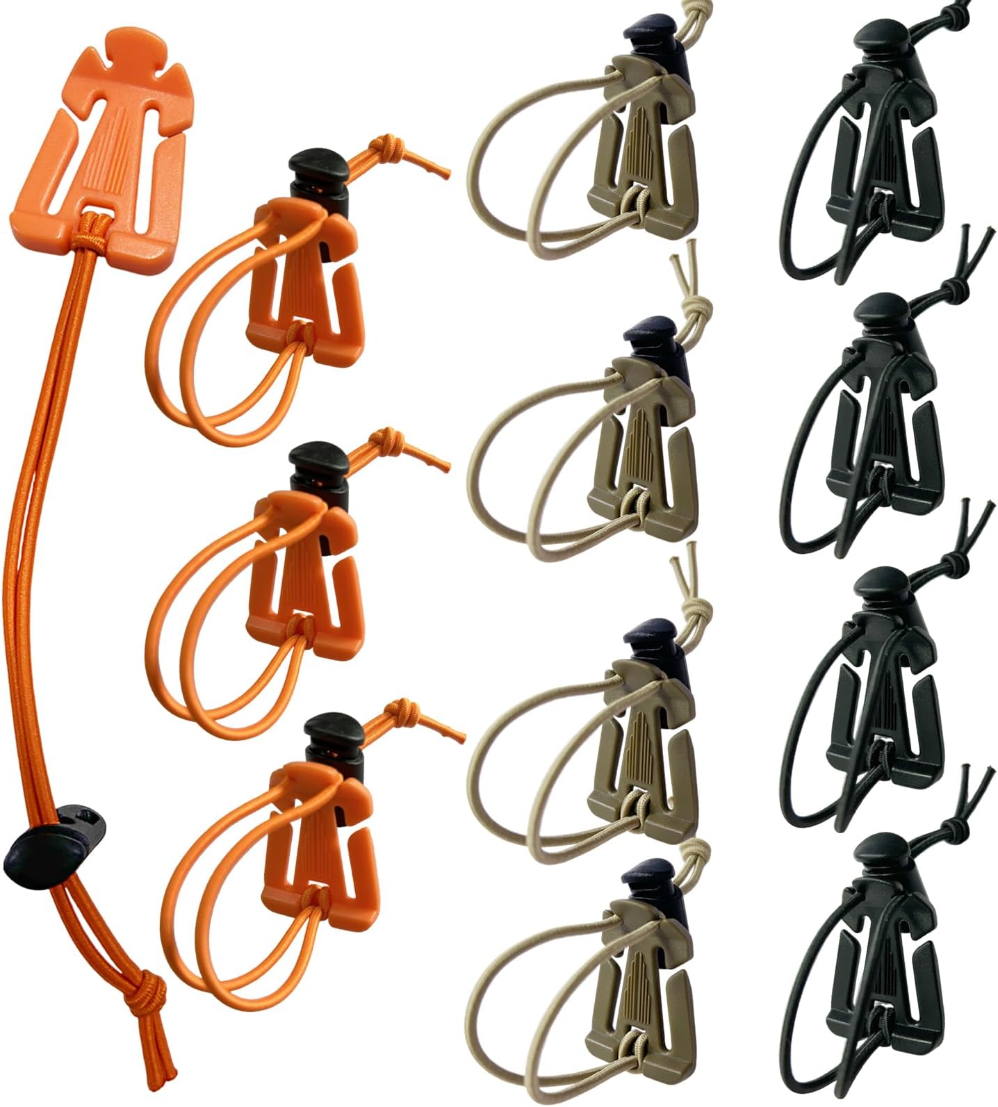 Molle Clips, Molle Attachments 12Pcs - Tactical Gear Clips with Elastic Rope, Web Dominators for Backpack Straps Management, Hydration Tube, Outdoor Sports Accessories (Black, Khaki, Orange)