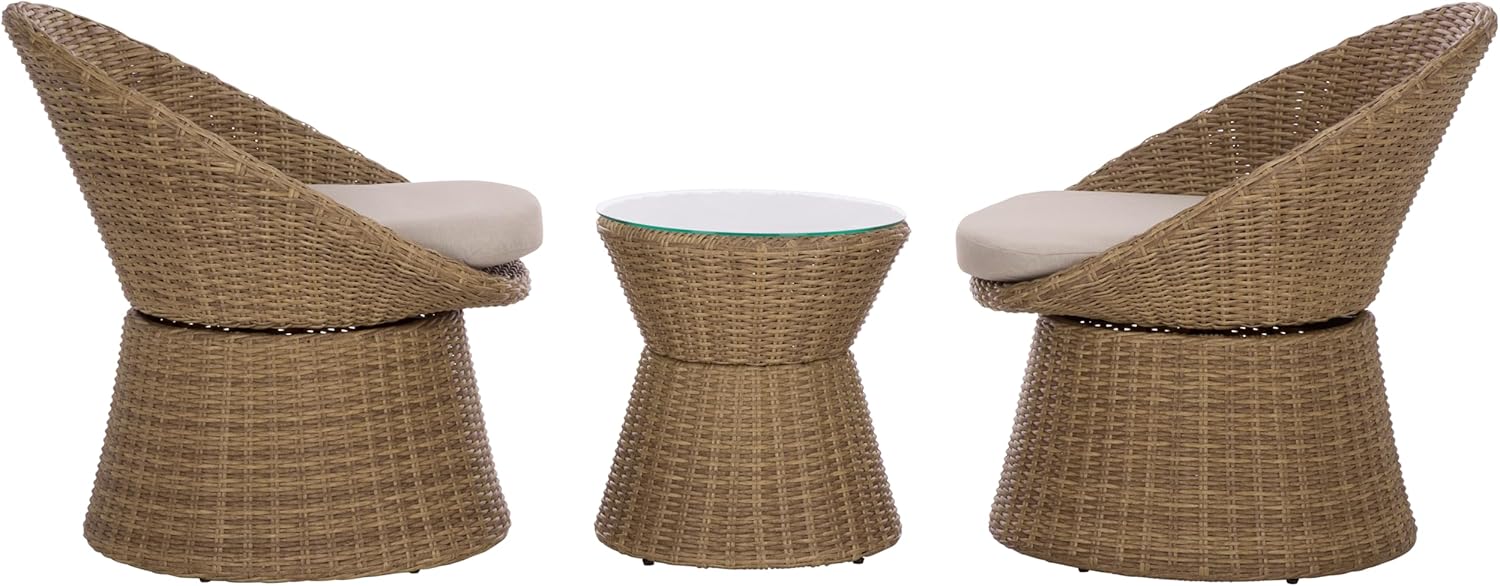 SAFAVIEH Outdoor Patio Furniture Collection – Drew Natural Rattan & Taupe Cushion Swivel Bistro Set, 3-Piece Outdoor Seating Set (PAT7544A)