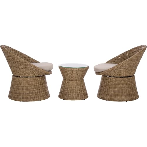 SAFAVIEH Outdoor Patio Furniture Collection – Drew Natural Rattan & Taupe Cushion Swivel Bistro Set, 3-Piece Outdoor Seating Set (PAT7544A)