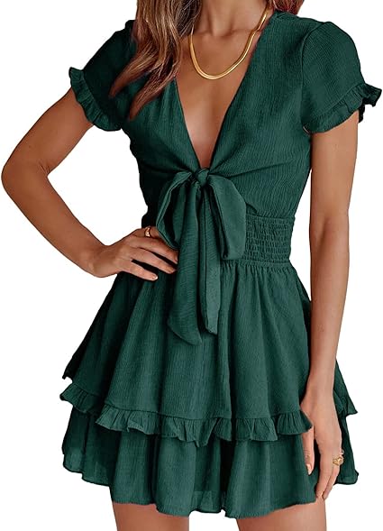 PRETTYGARDEN Women Summer Mini Short Dress 2025 Short Sleeve Casual Beach Vacation Sundress V Neck Tiered Sun Dresses