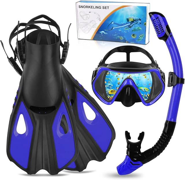 Rtdep Snorkel Set Adults, 3 Piece Diving Set with Flippers, Mask and Snorkel Set for Men and Women, Snorkelling Set with Anti-Fog Diving Mask,Dry Snorkel,Swimming Fins,Diving Equipment