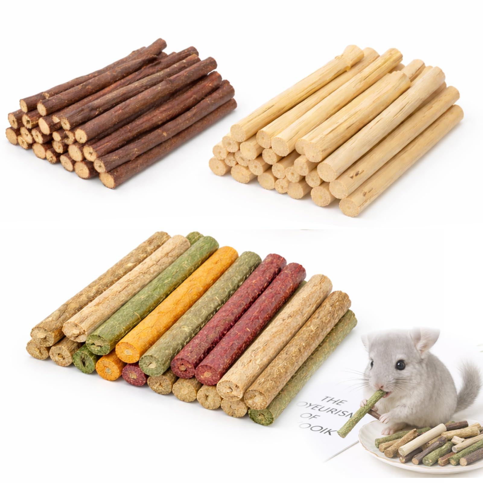 120g Barritas De Manzano Heno Bambú Natural para Conejos, palitos Bambu Timothy Manzano Palo Juguete para Conejo Hamster cobaya Chinchilla (Mezcla 120g)