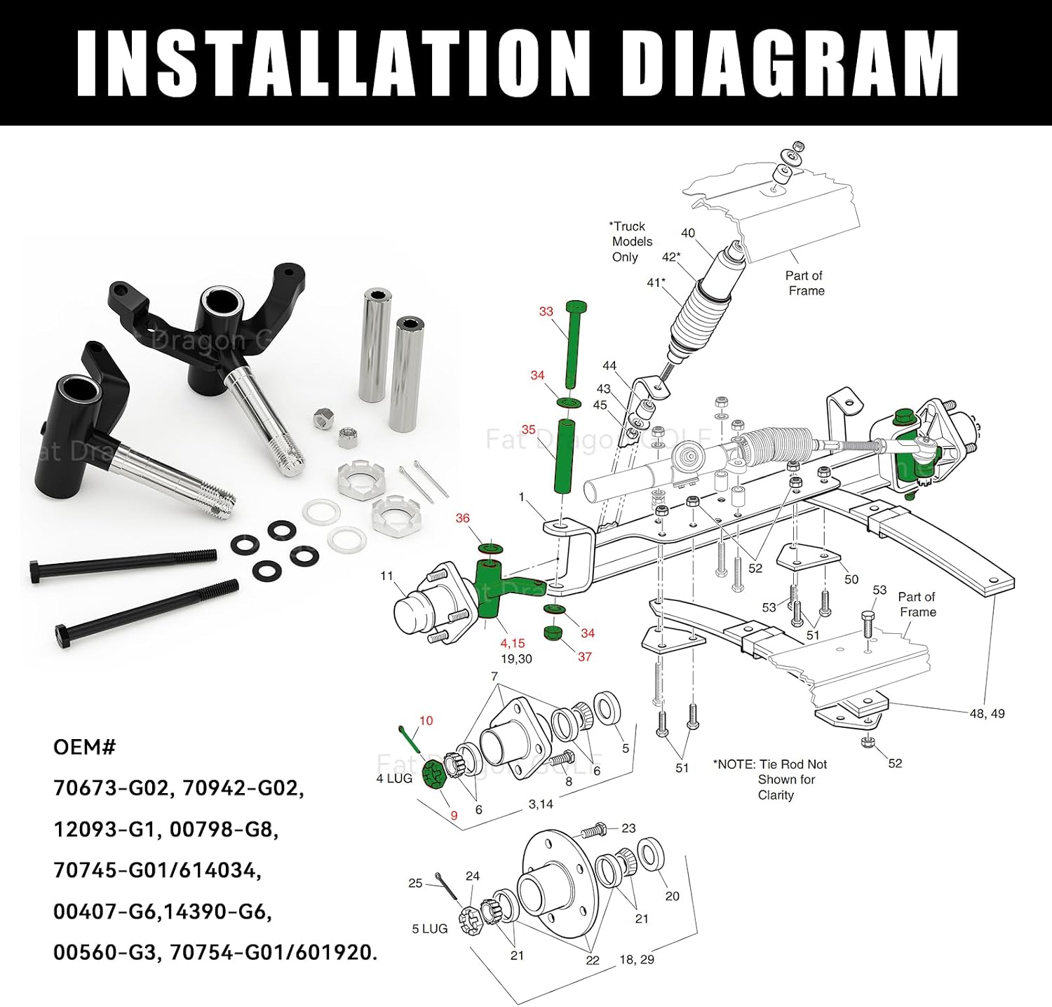 Panglong Golf Cart Deluxe Spindle Front End Repair Kit, EZGO Spindle Assembly Include Passenger & Driver Side, EZGO Spindle Front End Repair Kit for 2001.6-Up EZGO TXT/PDS, OEM# 70673-G02, 70942-G02