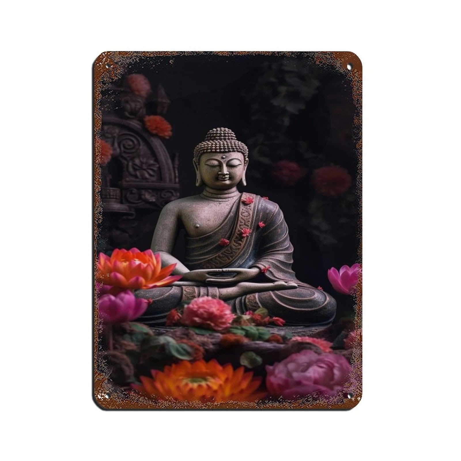 Serene Buddha Surrounded by Vibrant Flowers – Zen Retro Poster Metal Tin Sign Chic Art Retro Iron Painting Bar People Cave Cafe Family Garage Poster Wall Decoration 12x16inch(30x40cm)