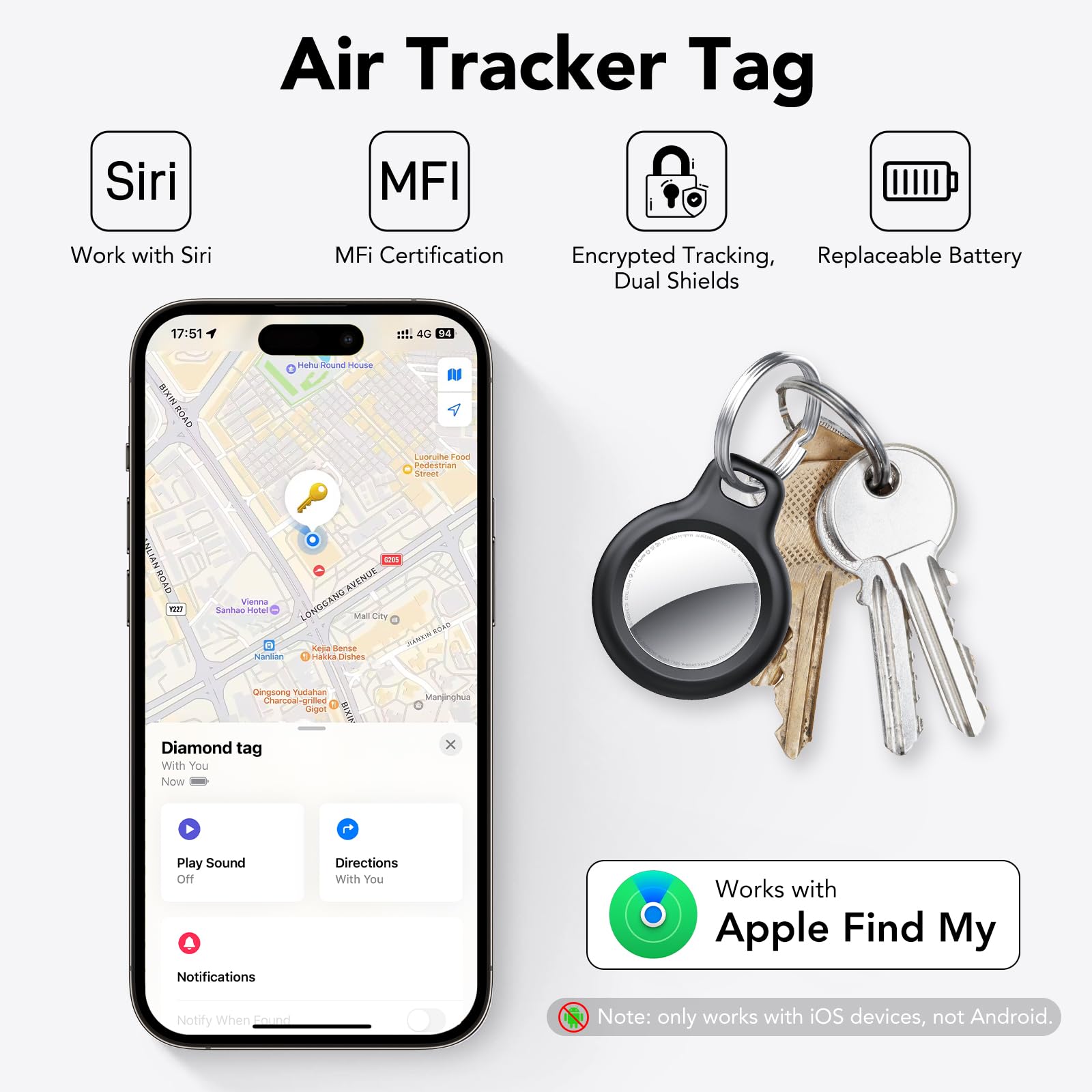Air Tracker Tag 1 pezzi, Bluetooth Trova Oggetti Compatibile con Apple Dov'è (solo iOS), Smart Tracker Localizzatore per bagagli, borse, portafogli, chiavi Tag Tracking, Batteria Sostituibile Blu Navy