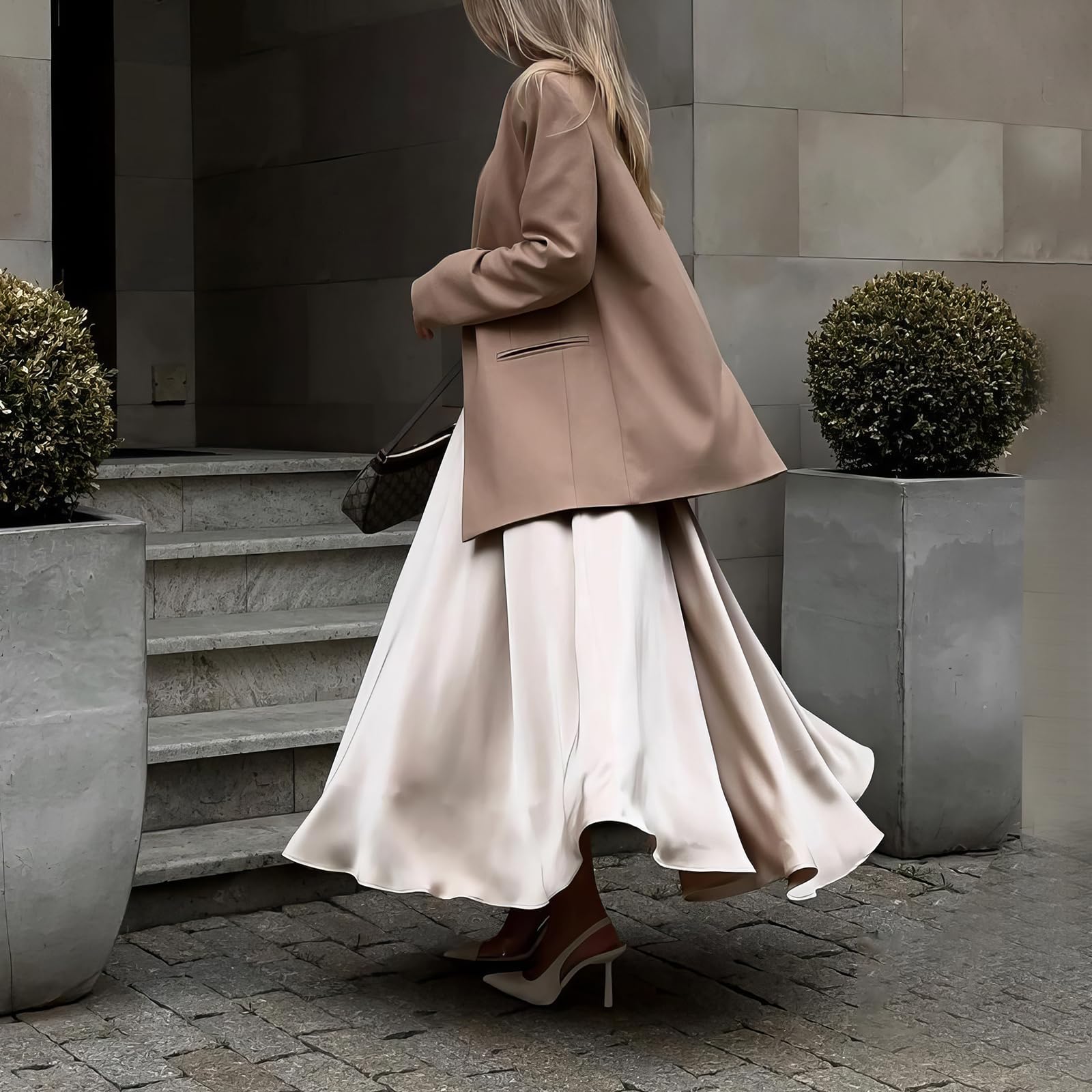 Eleganter Damen-Satin-Langrock Mit Hoher Taille Und Elastischem Gürtel, Maxirock Aus Seide, Geeignet Für Hochzeit, Cocktailparty, Business