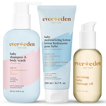 Evereden Baby Bathtime Basics Trio | Baby Shampoo and Body Wash, 8.5 fl oz & Fragrance Free Moisturizing Lotion, 8.5 fl oz & Soothing Massage Oil, 4 fl oz | 3 Item Bundle Set | Clean