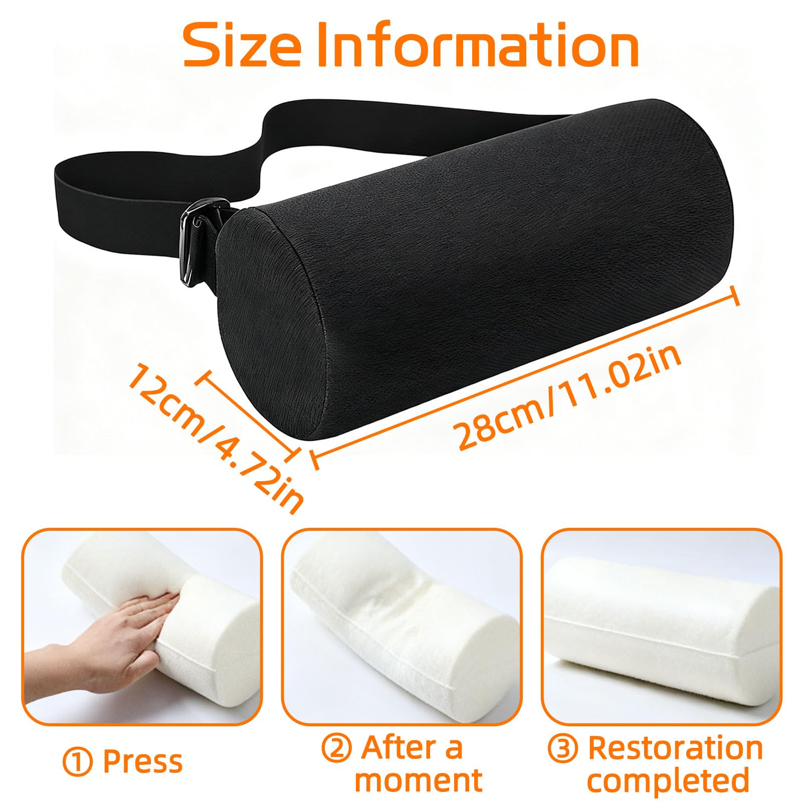 Cuscino Lombare con Cinghia Elastica Rimovibile & Fodera Lavabile, Cuscino Memory Foam Supporto Lombare Sedia Ufficio Inferiore 28x12cm, Rotolo Protezione Ergonomico per Auto, Casa, Viaggio (Nero)