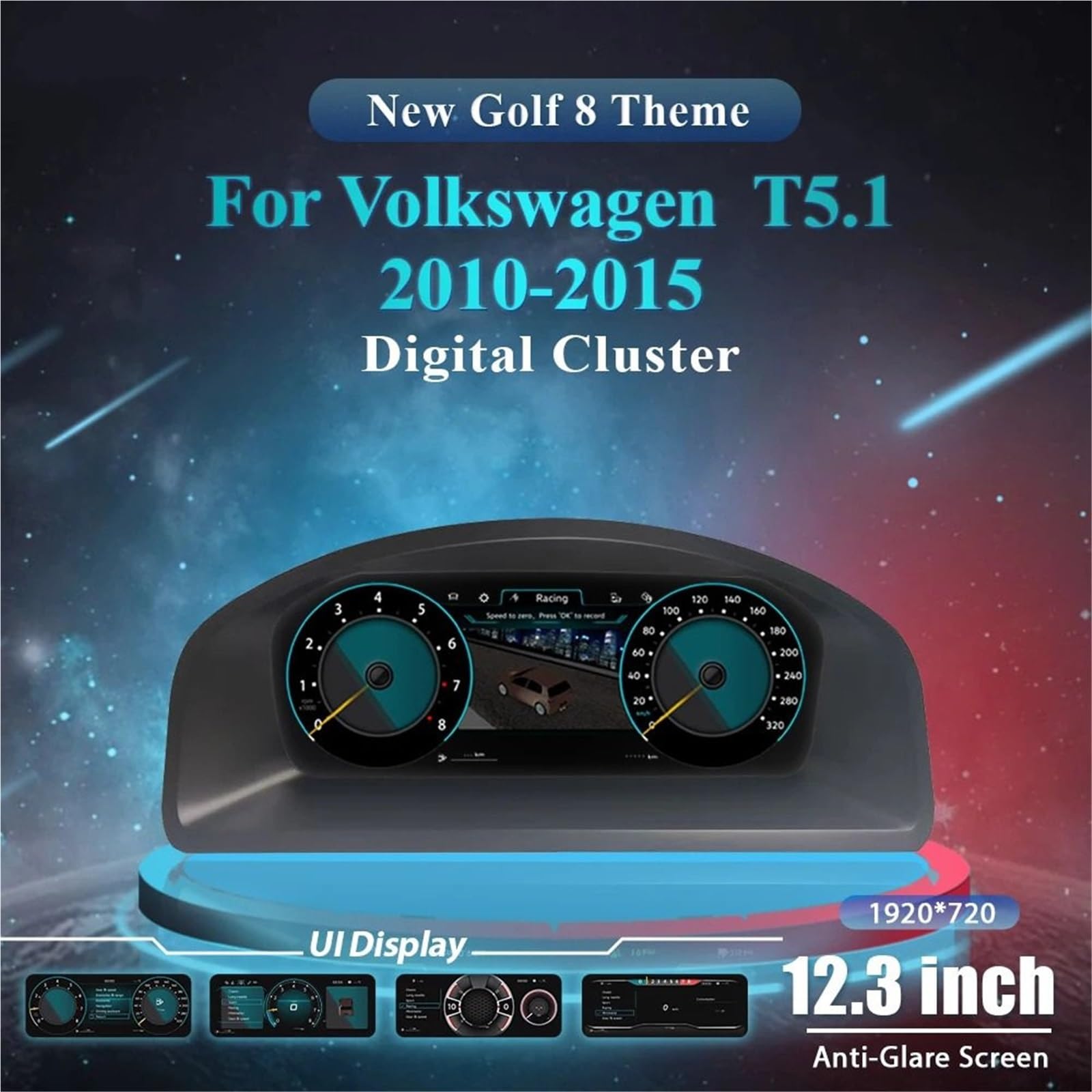 Voltmètre numérique Tableau de bord numérique LCD 12,3 pouces compatible avec VW T5.1 2010-2015 Caravelle Multivan Transporter - Compteur de vitesse numérique Testeur de Batterie AUTO