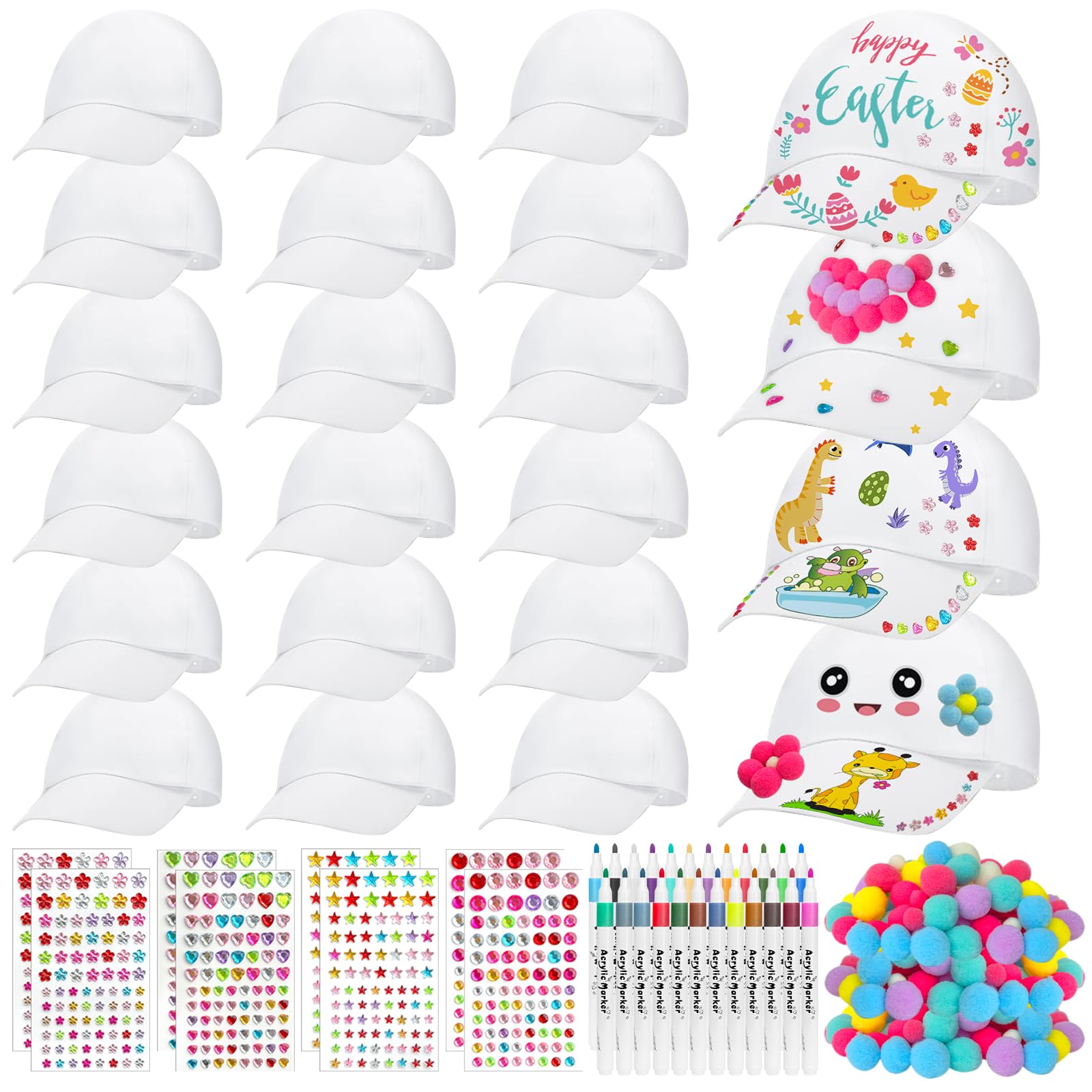 Photo 1 of 24 Sets DIY White Baseball Cap Bulk for Kids Blank Baseball Caps Include 24 Hats 24 Color Pens 140 Multicolored Pompoms 8 Sheets Stickers for Birthday Party Painting Activity (White)