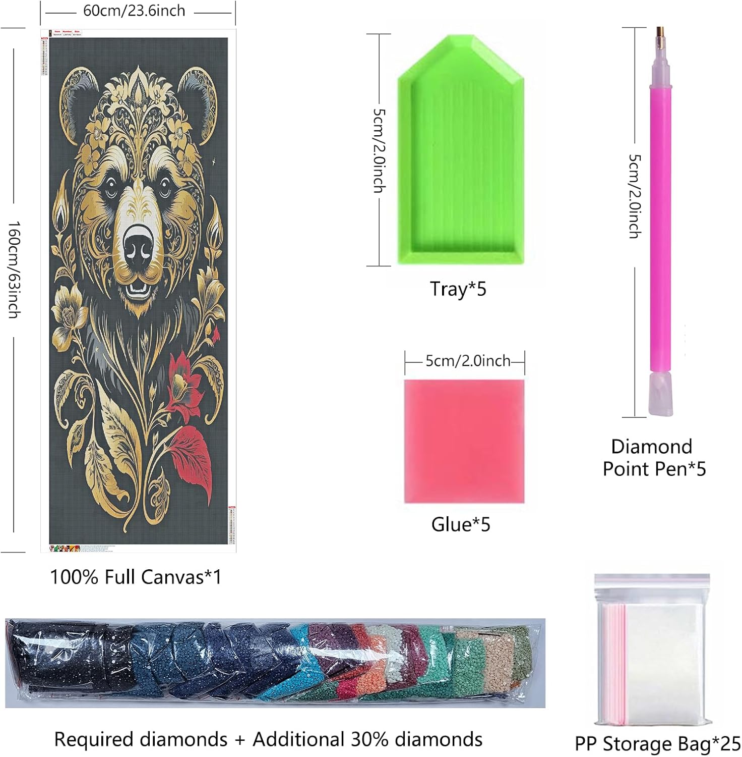 ZHUMUTO Extra Large Diamond Art Painting Kits for Adults,23.6x63inch/60x160cm Bear DIY Full Round Drill Diamond Dots,Extra Large Size for Home Wall Decor Gifts