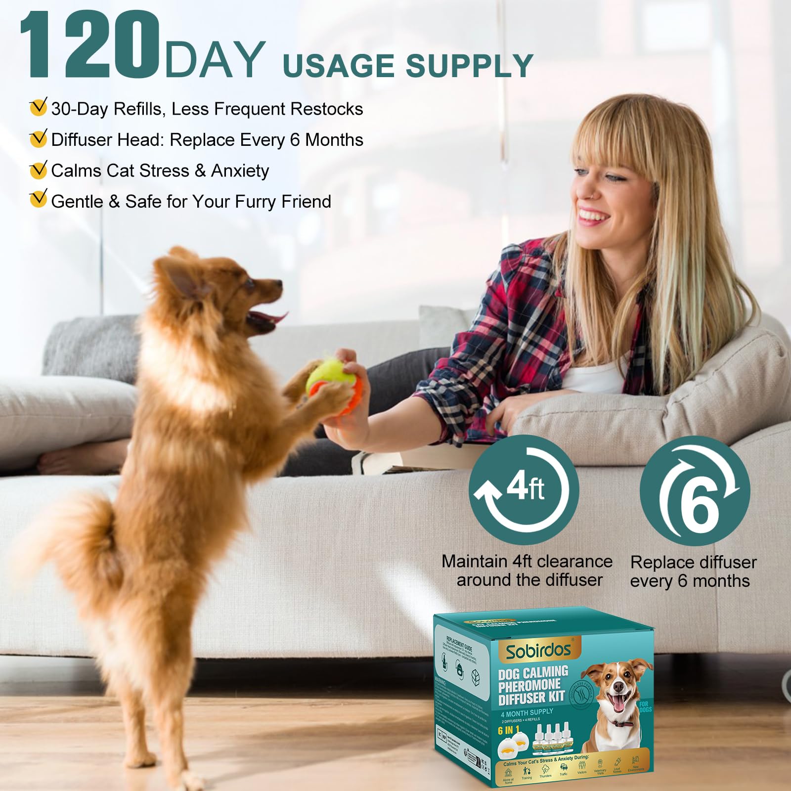 Kit Diffusore di Feromoni Calmanti per Cani, 2 Diffusori + 4 Ricariche, Riduce Ansia e Stress, Calma Naturale per Temporali e Traslochi, Giallo | Formula sicura e naturale, senza farmaci Riproduce i feromoni calmanti di una cagna in allattamento