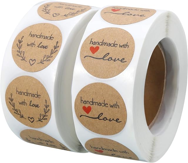 metagio 1000PCS Handmade with Love Stickers, Round Baking Kraft Sticker Stickers Self-Adhesive Label Home-Made Sticky Labels for Baking Gift Bags Christmas