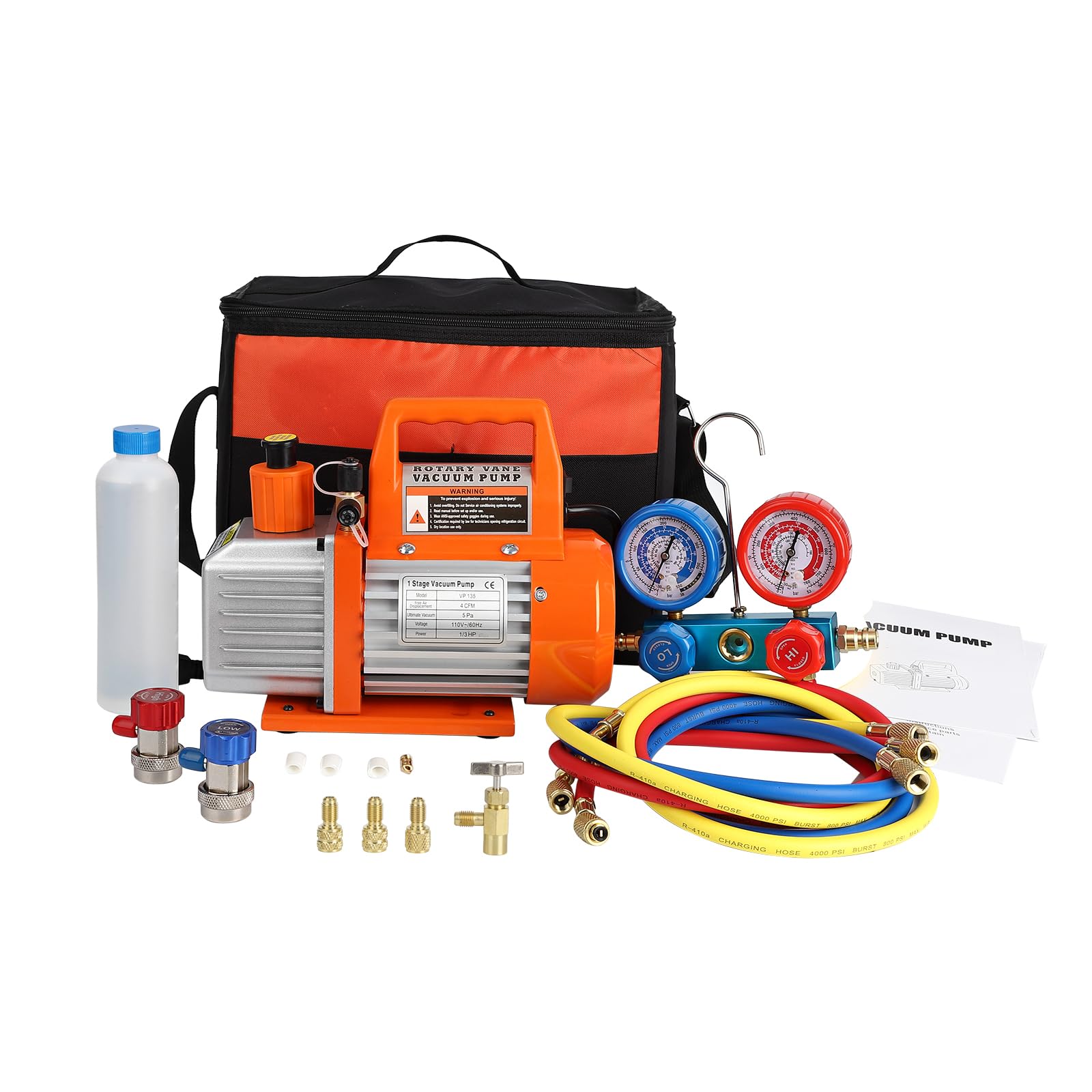GARVEE 110V 1/3 HP 4CFM Single Stage Rotary Vane Air Vacuum Pump and R134a AC Manifold Gauge Set Kit with Carry Bag for HVAC Air Conditioning Refrigeration Recharging ETL Listed
