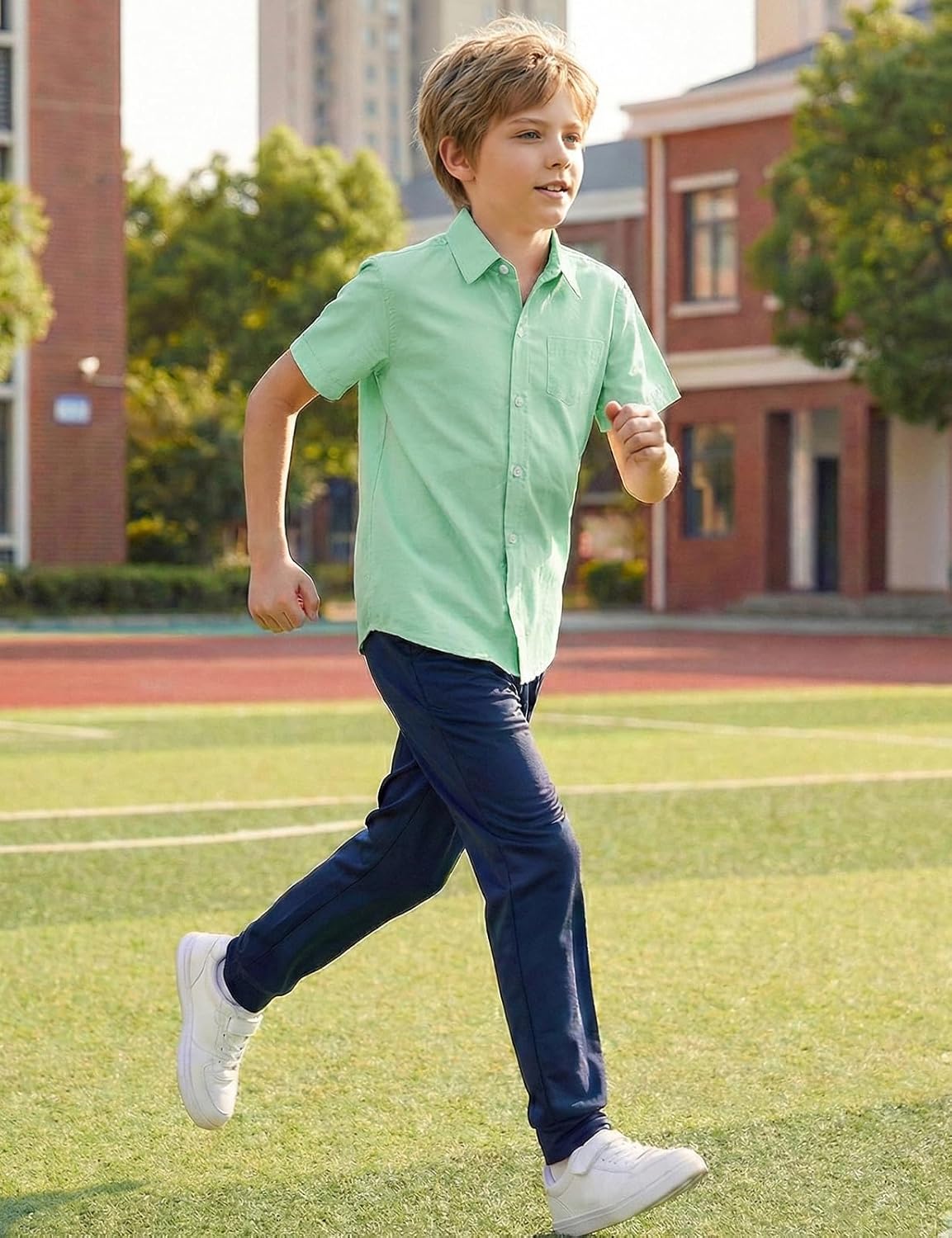 Spring&Gege Boys Cotton Dress Shirt Button Down Kids Short Sleeve Uniform Solid (2-14 Years) - Image 3