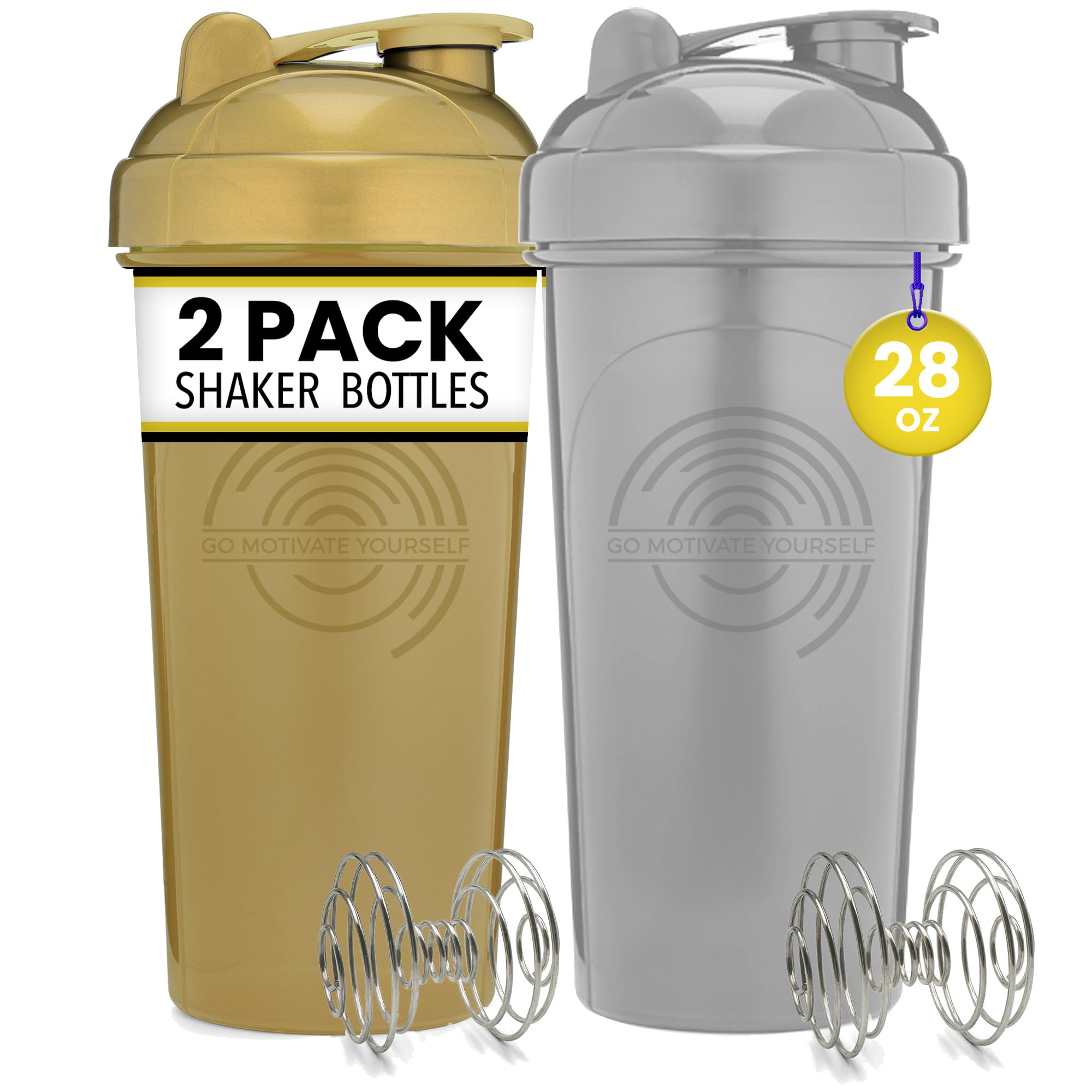 GOMOYO [2 Pack] 28-Ounce Shaker Bottle (Gold, Silver) | Protein Shaker Cup 2-Pack with Agitators | Protein Shaker Bottle Set is BPA Free and Dishwasher Safe