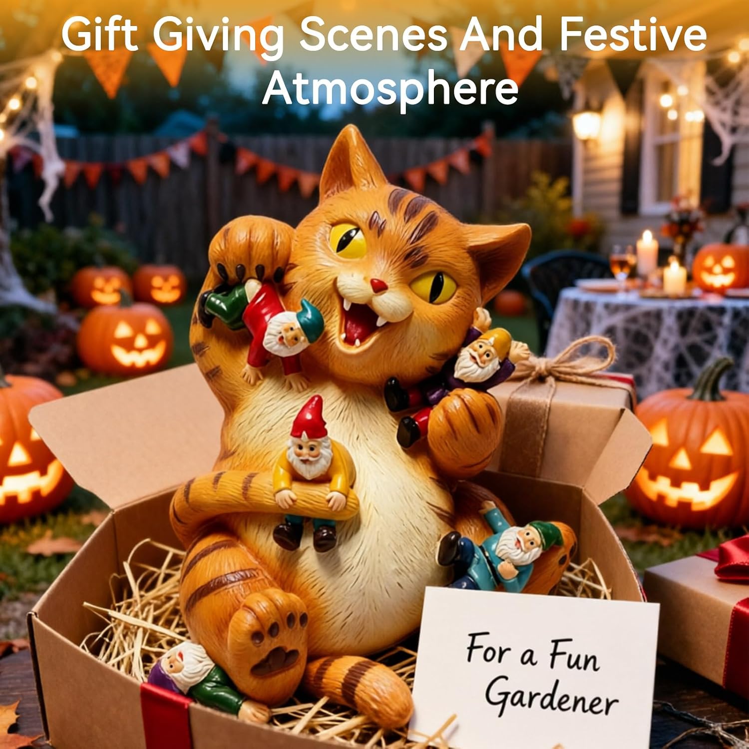 Cat Gnome Garden Statue, Funny Cartoon Yellow Cat Figurine Outdoor Decor Resin Cat Sculpture for Patio Garden Desk Home Decor