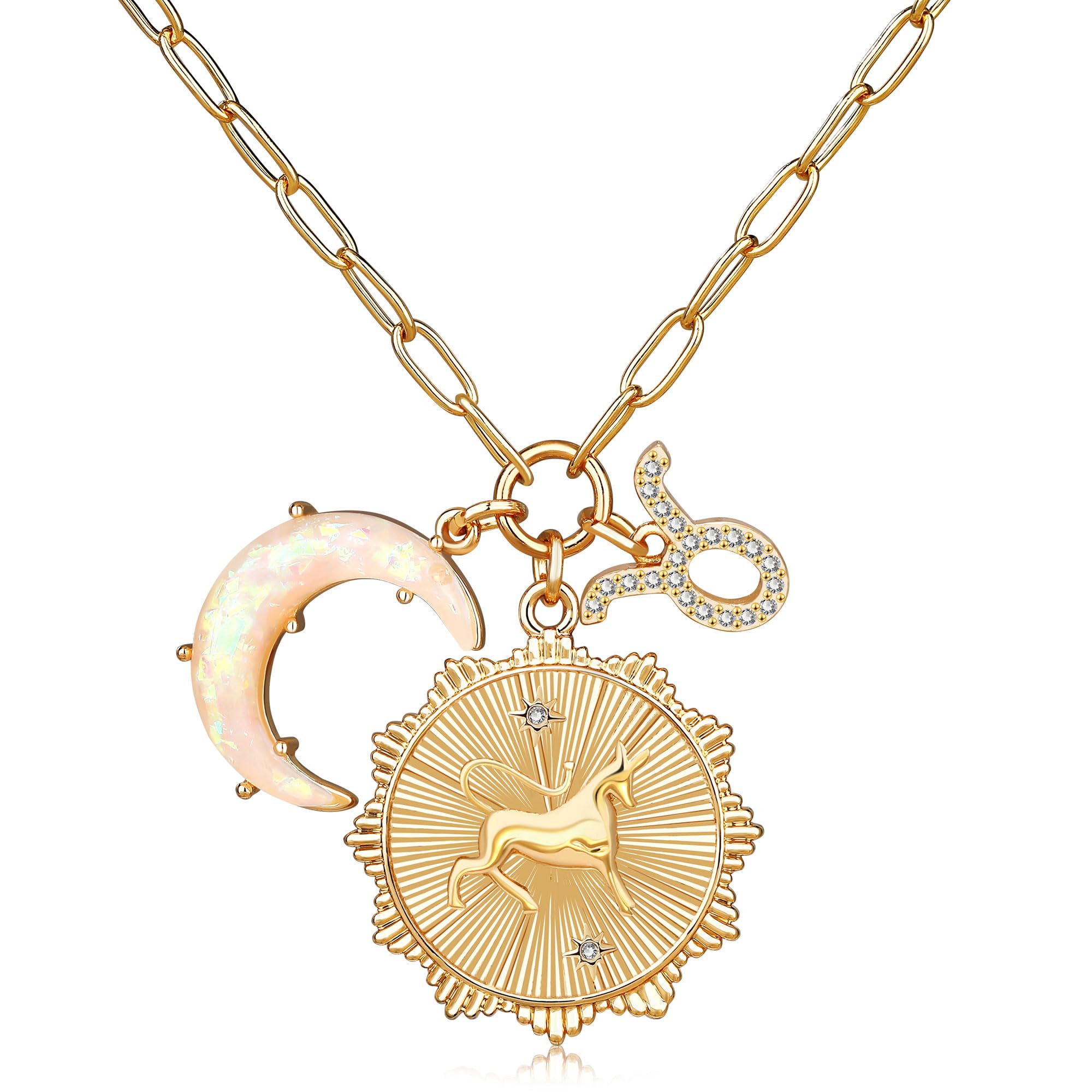 MISS RIGHTGold Zodiac Sign Coin Necklace with Opal Crescent Moon Charm for Women Trendy, Dainty Gold Paperclip Chain 12 Constellation Horoscope Necklaces Astrology Jewelry Gifts