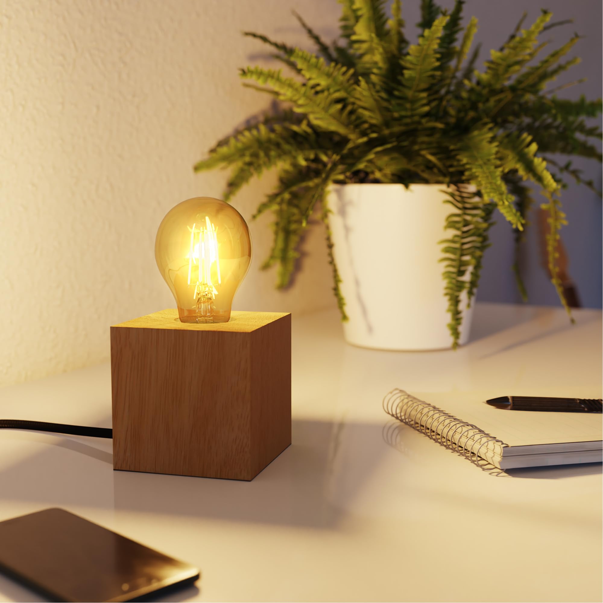 ledscom.de 2x Tischlampe HITO, Holz massiv, eckig, USB, inkl. E27 Lampe gold, 471lm, extra-warmweiß