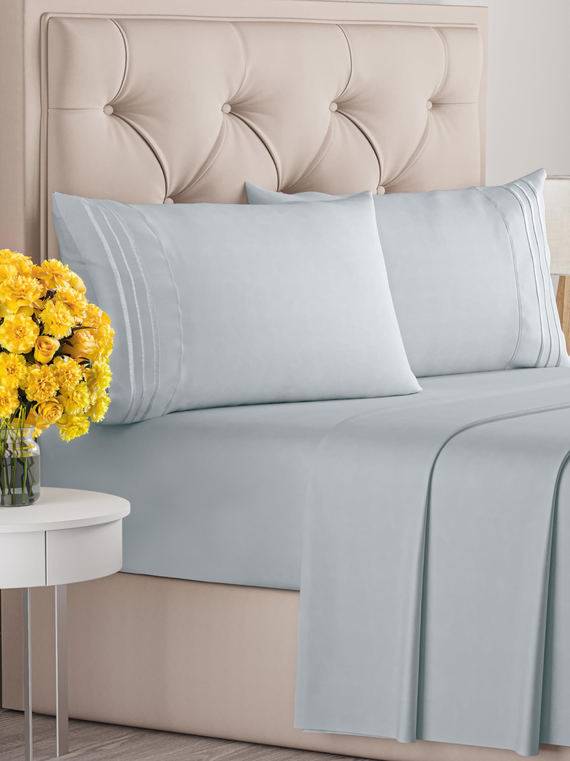 Cal King Size 4 Piece Sheet Set - Comfy Breathable & Cooling Sheets - Hotel Luxury Bed Sheets for Women & Men - Deep Pockets, Easy-Fit, Soft & Wrinkle Free Sheets - Sky Blue Oeko-Tex Bed Sheet Set
