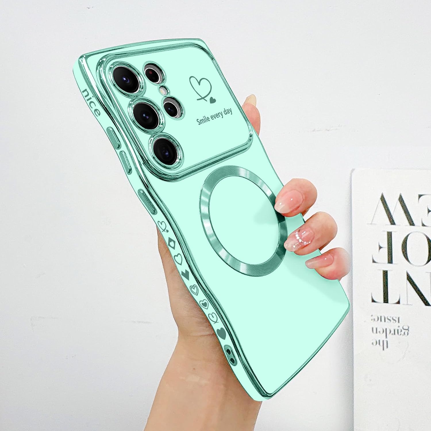 LCHULLE for Samsung Galaxy S25 Ultra Case for Women Girls [Compatible with MagSafe] Cute Curly Wave Shape, Magnetic Love Heart with Camera Lens Cover Luxury Plating Shockproof Phone Case, Mint Green - Image 2