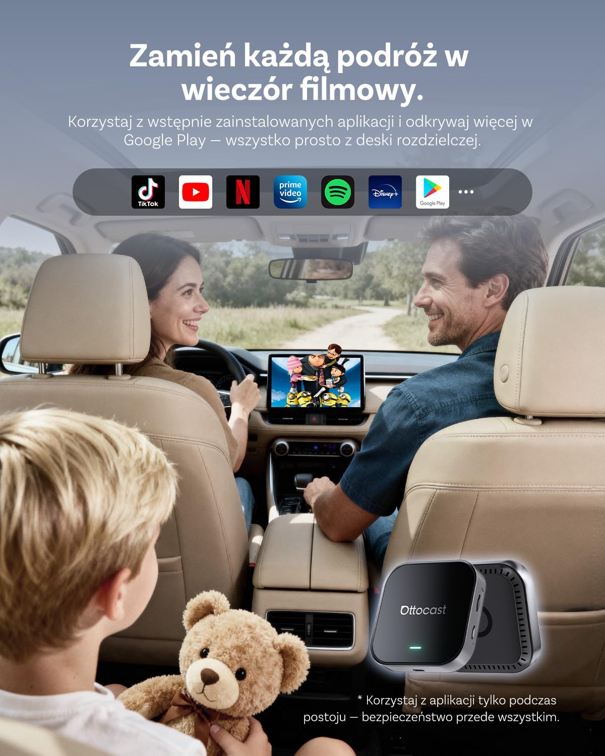 OTTOCAST E2 AI Box, 2026 Ulepszona 3-w-1 Bezprzewodowy Adapter CarPlay i Android Auto, Android 13 Multimedialny Samochodowy z Netflix YouTube, Obsługą WiFi i Karty SIM 4G, 4+64 GB, Aktualizacja OTA