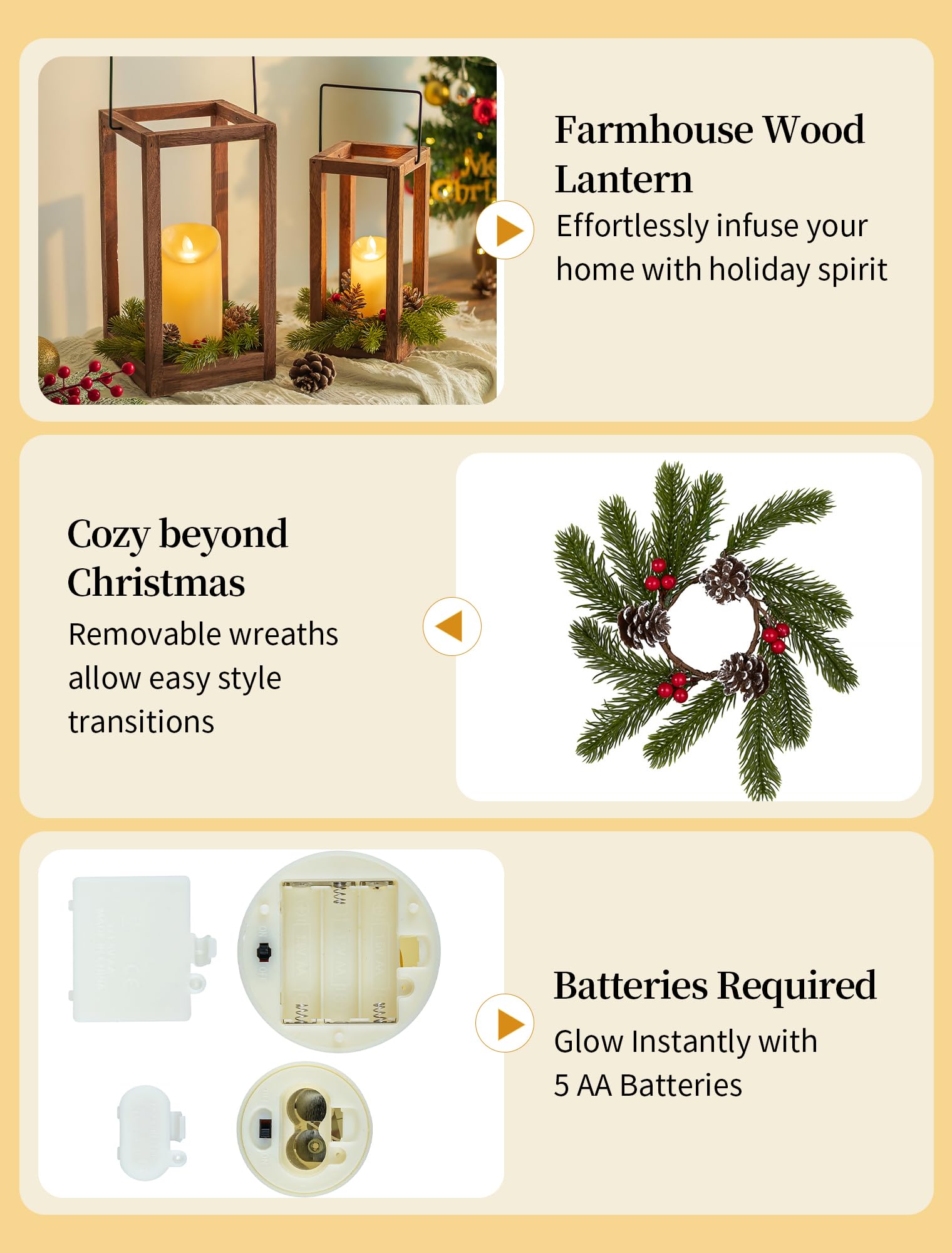 Romadedi Lot de 2 lanternes de Noël décoratives en bois avec couronne de Noël et bougies LED pour centres de table, cheminée, cheminée rustique, décoration d'intérieur, cadeau