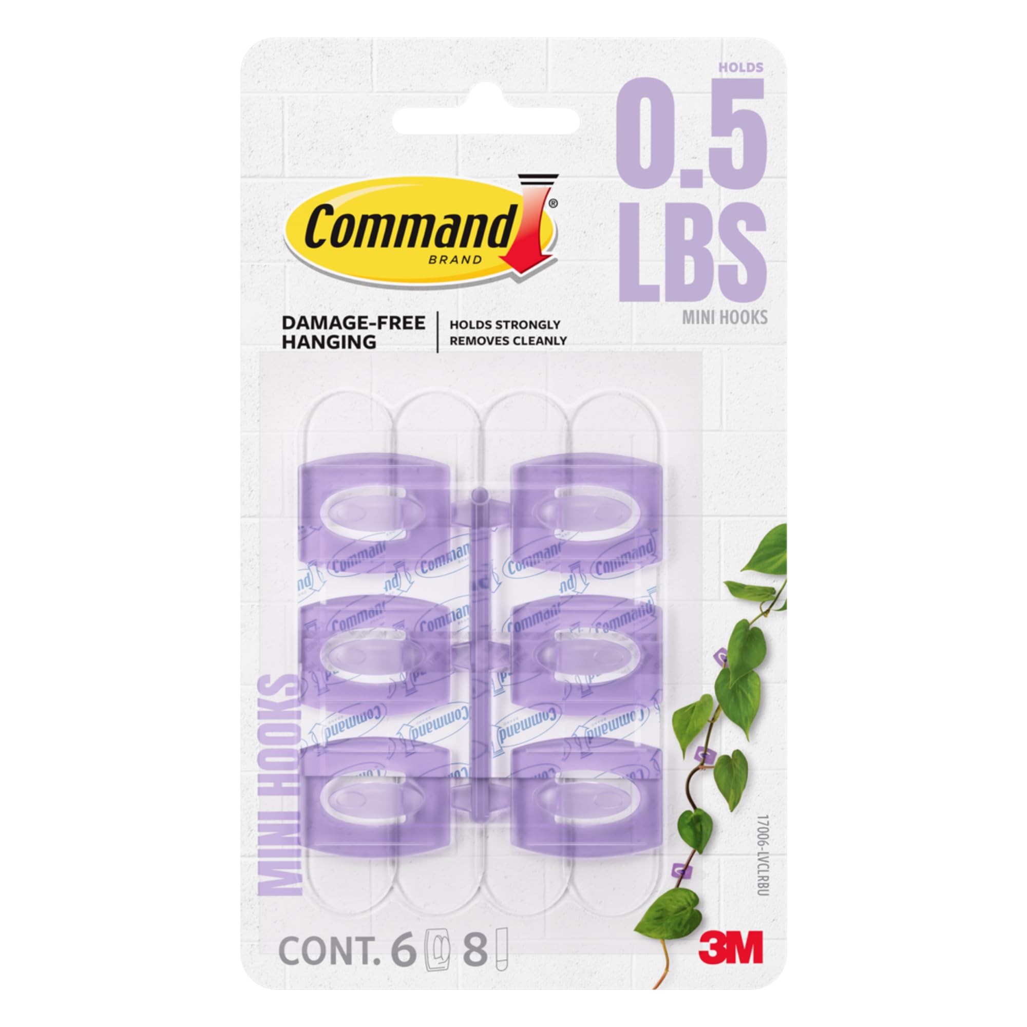 Command mini crochets amovibles lavande en lot de 6 pour organisation murale