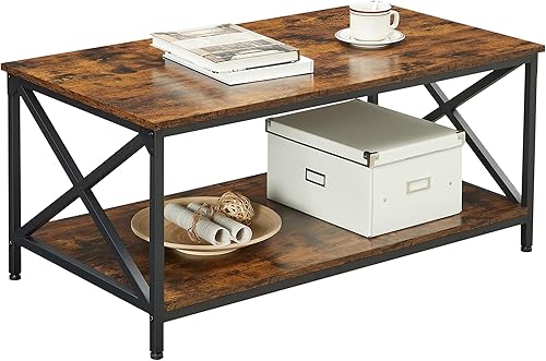 VASAGLE Coffee Table, Cocktail Table with Storage Shelf and X-Shape Steel Frame, Industrial Farmhouse Style, 39.4 x 21.7 x 17.7 Inches, Rustic Brown
