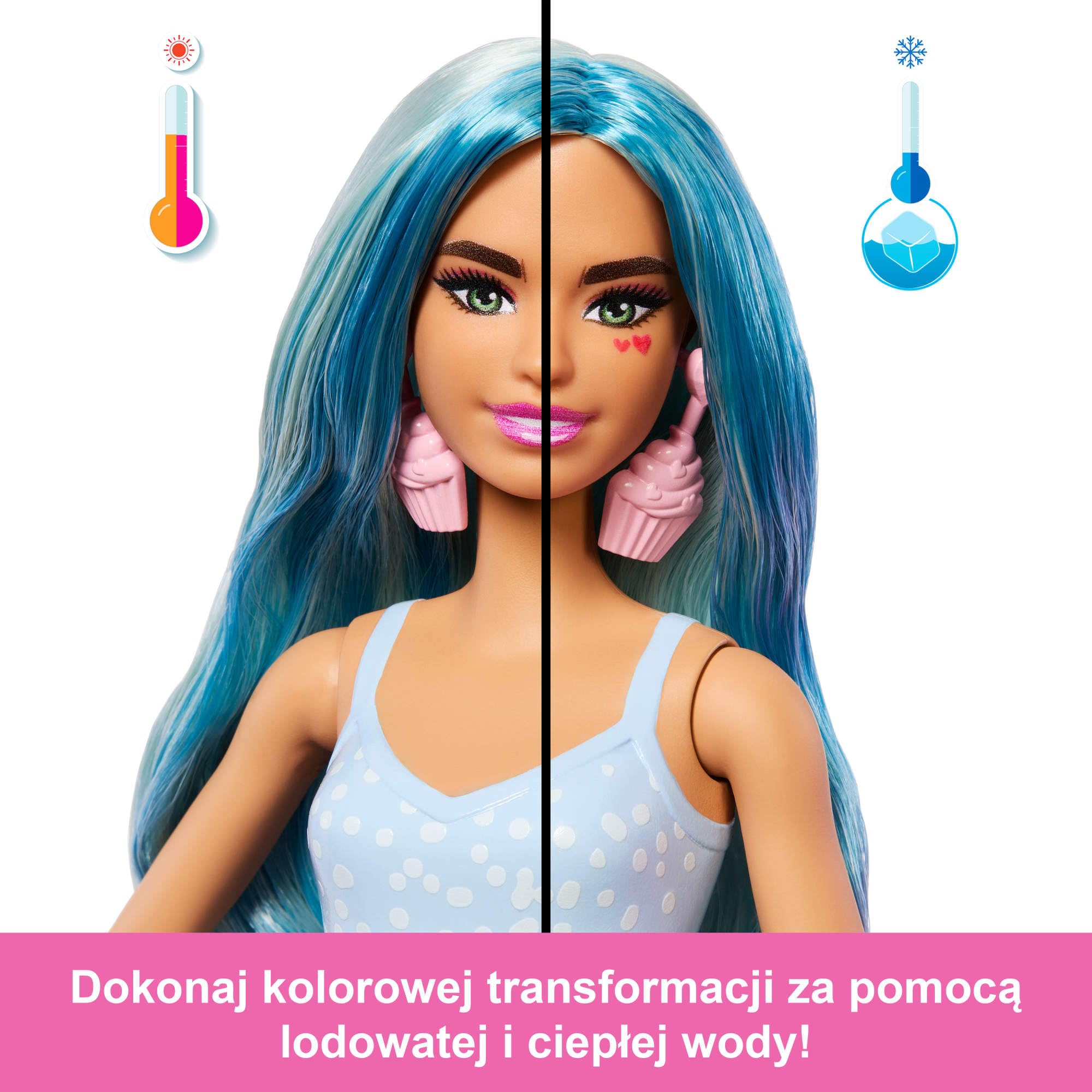 Barbie Pop Reveal Seria Stylowy deser Lalka modowa i figurka zwierzątka, 8 niespodzianek, w tym funkcja zmiany koloru na twarzy lalki, zabawka dla dzieci 3+, JFY61