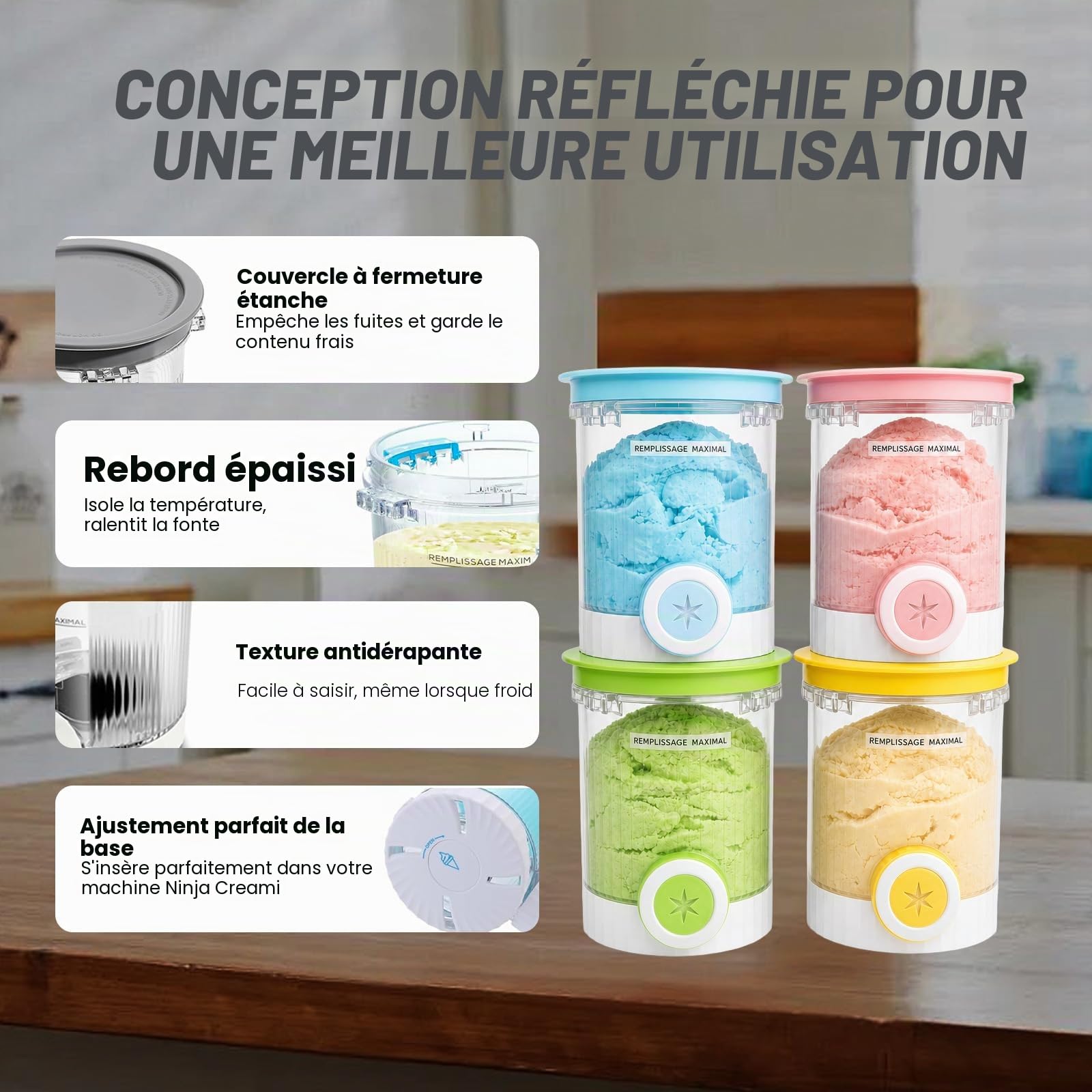 4 Pièces Pour Ninja Swirl Creami Conteneur, pot Ninja Creamy Deluxe, Récipient à Crème Glacée, pour Sorbetières Ninja Creami Séries NC701 et NC700, Sans BPA et Lave-Vaisselle